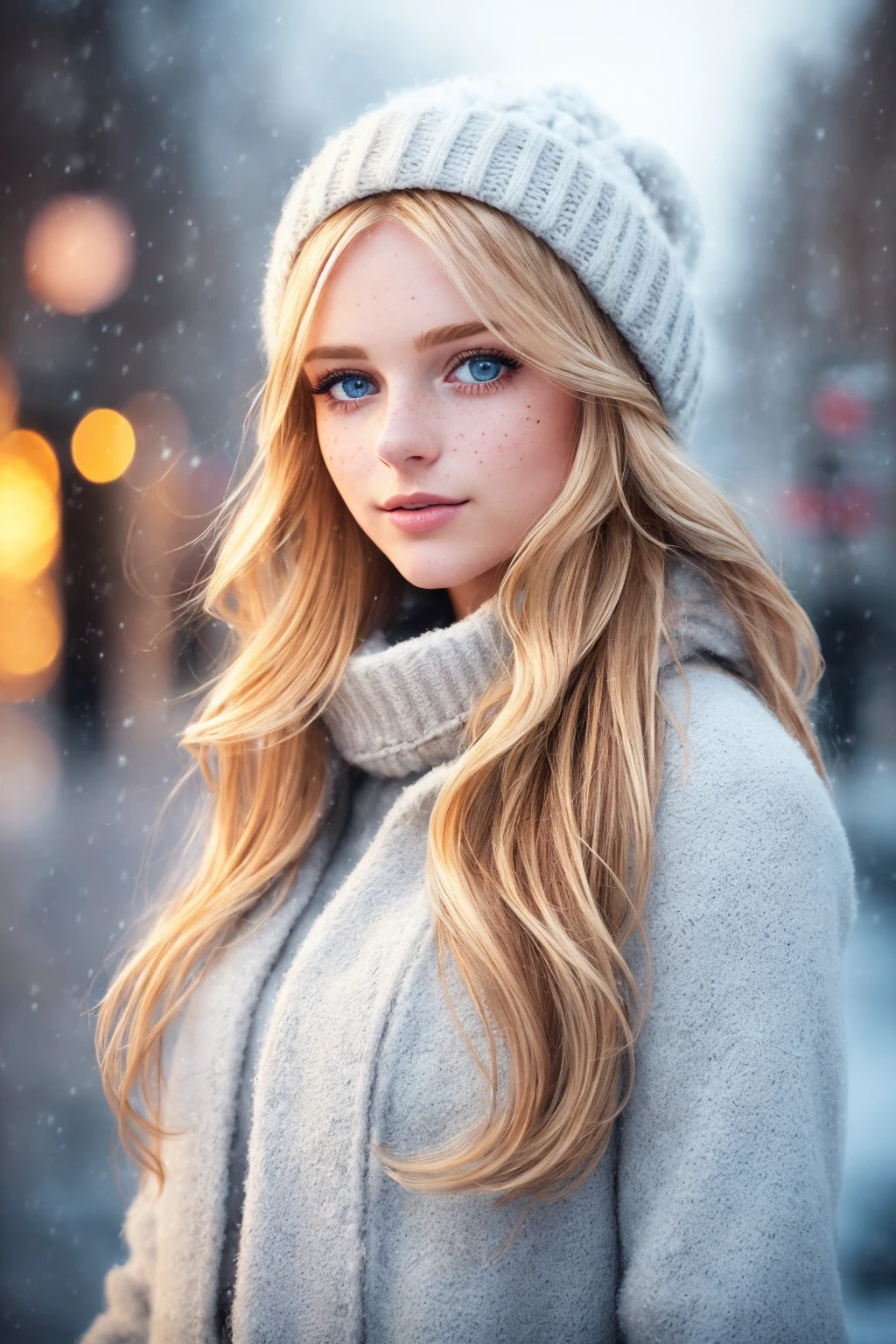 professional portrait photograph of a gorgeous Norwegian girl in winter clothing with long wavy blonde hair, sultry flirty look, (freckles), gorgeous symmetrical face, cute natural makeup, wearing elegant warm winter fashion clothing, ((standing outside in snowy city street)), stunning modern urban environment, ultra realistic, concept art, elegant, highly detailed, intricate, sharp focus, depth of field, f/1. 8, 85mm, medium shot, mid shot, (((professionally color graded))), bright soft diffused light, (volumetric fog), trending on instagram, hdr 4k, 8k