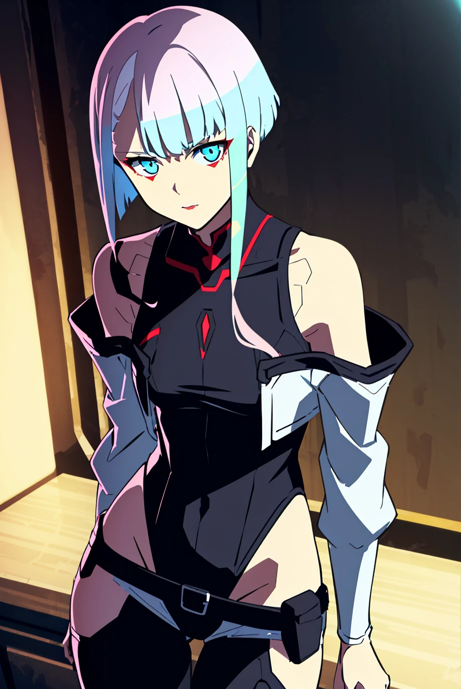 cyberpunk edgerunners, 1girl, lucy \(cyberpunk\), bare shoulders, blue eyes, breasts, leotard, looking at viewer, medium breasts, off-shoulder jacket, off shoulder, red eyeliner, short hair, sleeveless turtleneck leotard, solo, turtleneck leotard, white hair, ((masterpiece)) <lora:cyberpunk_edgerunners_offset:1> <lora:lucy-000035:0.3>