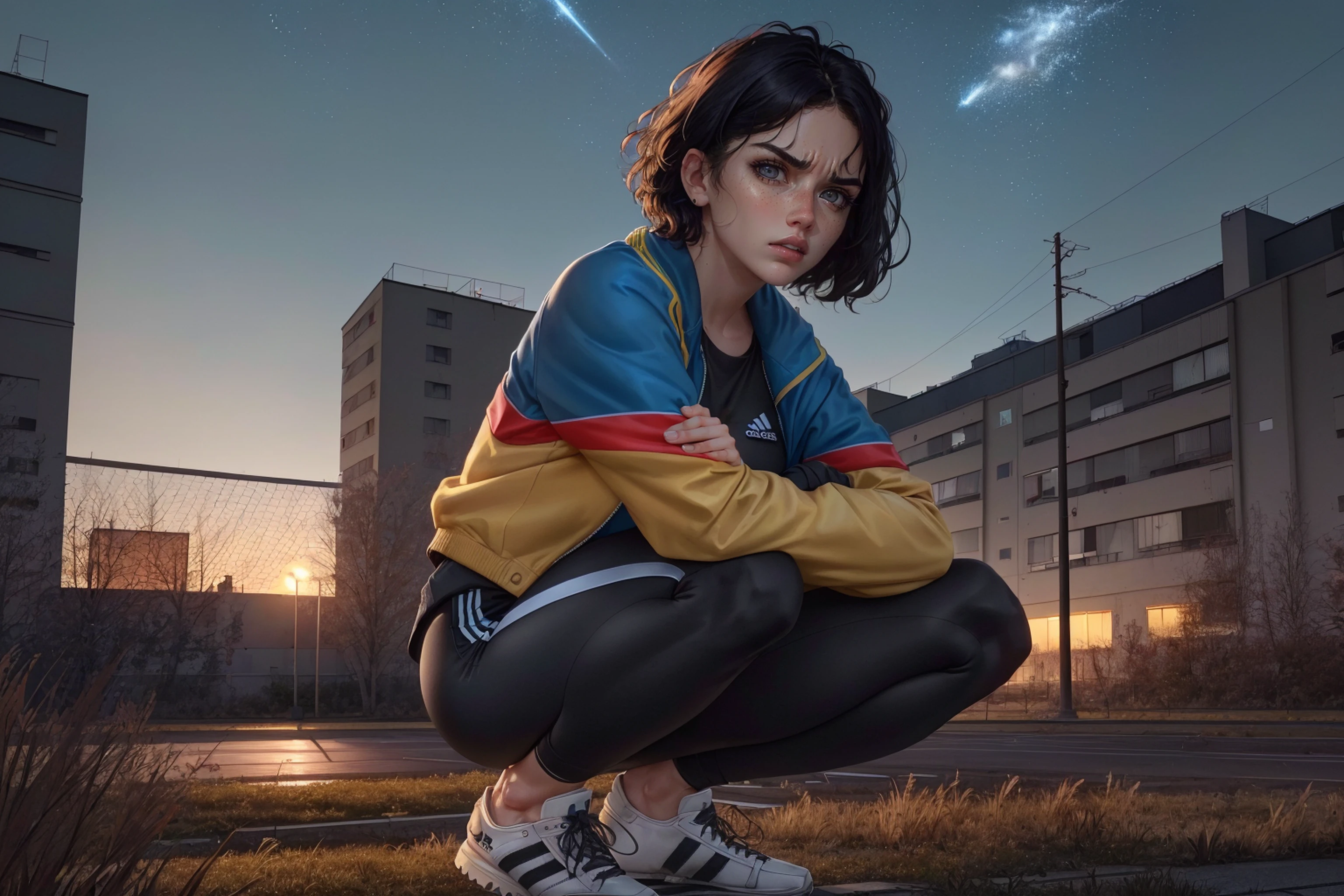 raw photo, hdr, rtxseries, 4K, 8K, HD, ((ultra realistic photo, best quality, masterpiece, realistic)), (freeze frame shot:1.23), (full body and head), (face focus:1.14), (redshift style), (freckles:0.7), (correct hand anatomy), ((natural skin texture)),
girl of Russian-Ukrainian roots, short hair, (black hair), brown eyes, thin waist, detailed eyes, detailed face, (look at viewer), (angry face),
Perfect ass, (perfect body), attractive, (small breast:1.15), sitting in a squat,
Dressed in ((sports jacket, sports pants, Adidas)), (activity:1.2),
In the background (russian panel houses), street, autumn, (night, sky, stars), <lora:theAestheticsOfPanel_v105:1>
black border, anime character, high detail, high quality, intricate, details, beautiful,