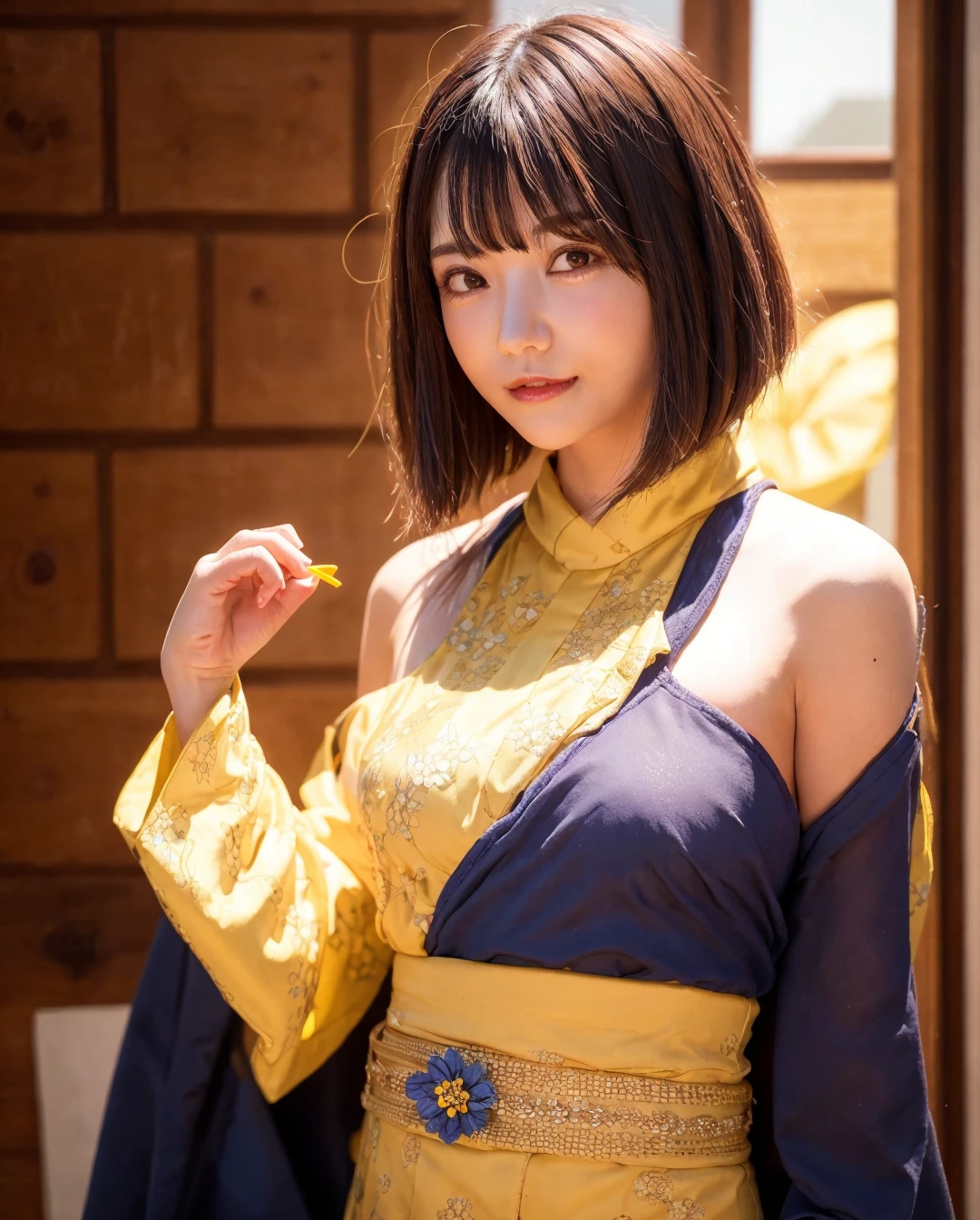 best quality, photorealistic, 8k, high res, 1girl, woman, (skindentation), (professional lighting), (portrait:0.6), (blue and yellow kimono:1.9), (small breast:1), gorgeous, ((parted hair)), (short straight hair:2), (floating hair:1.7), (eyes looking at viewer:1), ((looking at viewer:1.6)), (looking at the camera), photorealistic, (bokeh), (portait:0.6), (dynamic pose:1.2), masterpiece, intricate, realistic, sharp focus, award-winning photograph, sfw, smile:1.7, <lora:Lemon:0.81>