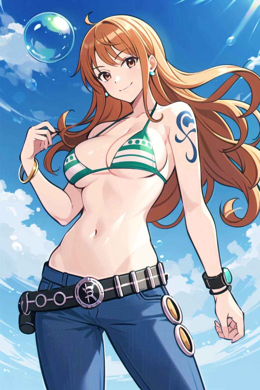 nami \(one piece\),
1girl, bangle, bangs, bare shoulders, belt, bikini, bikini top only, blue sky, bracelet, breasts, brown eyes, bubble, cleavage, cloud, cowboy shot, day, denim, earrings, floating hair, green belt, green bikini, groin, jeans,  jewelry, large breasts, log pose, long hair, looking at viewer, navel, orange hair, pants, shoulder tattoo, sidelocks, sky, smile, solo, standing, stomach, swimsuit, tattoo
, ((masterpiece))   <lora:nami_final_offset:1>