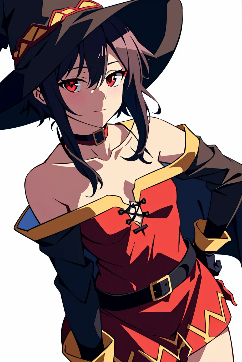 cyberpunk edgerunners, megumin, 1girl, bare shoulders, black cape, black gloves, black hair, blush, cape, choker, collarbone, dress, fingerless gloves, gloves, hair between eyes, hat, long sleeves, looking at viewer, medium hair, off-shoulder dress, off shoulder, red dress, red eyes, sidelocks, simple background, solo,white background, witch hat, ((masterpiece)) <lora:cyberpunk_edgerunners_offset:1>