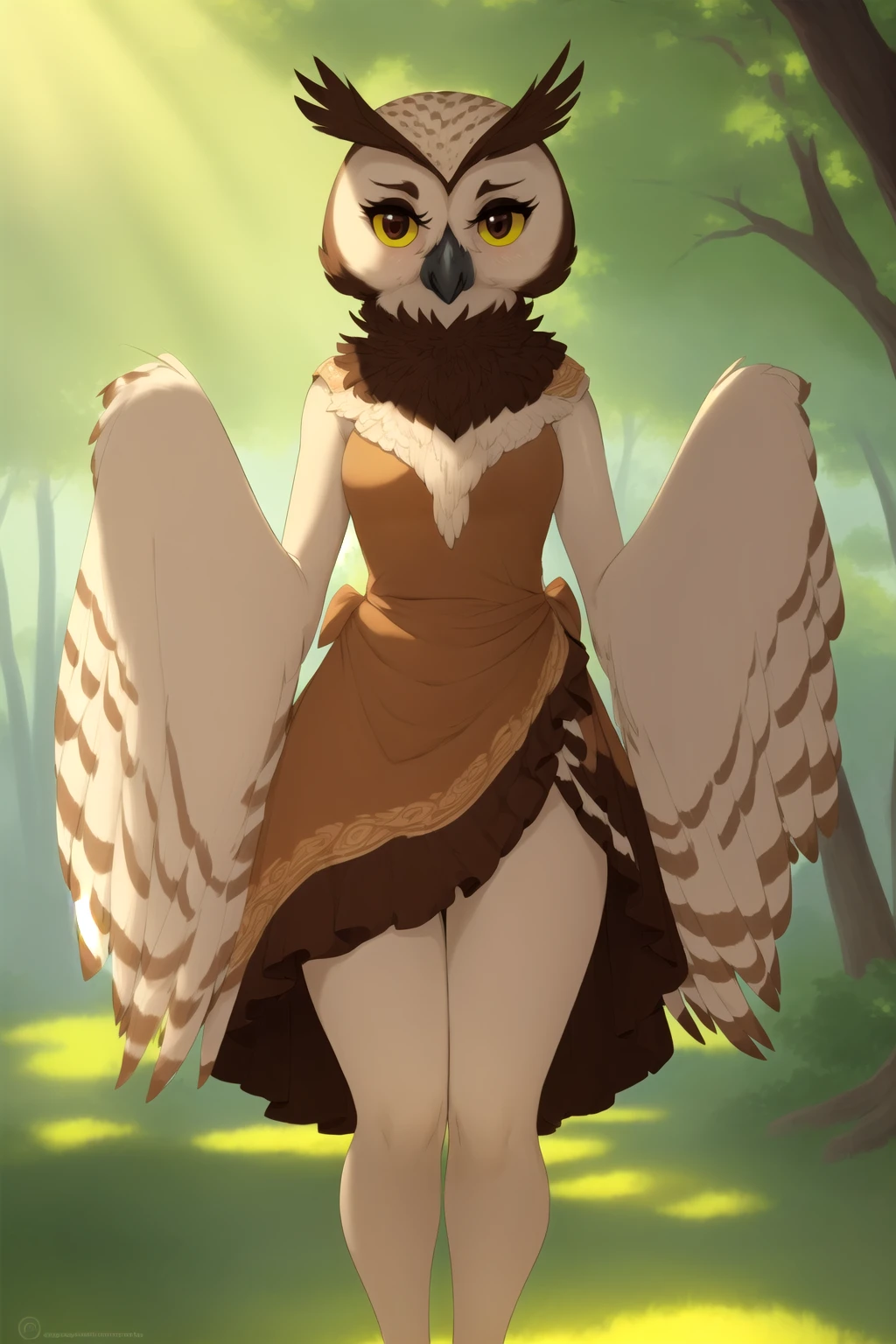 anthro, avian, ((owl)), beak, brown body, (winged-arms), flowing dress, outdoor pavilion, sunrays, detailed shadows, bald