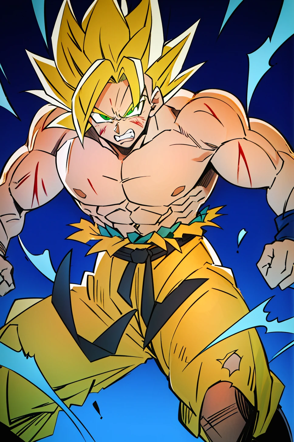 lucky star, son goku, 1boy, angry, battle damage, blonde hair, blue sash, clenched teeth, furious, green eyes, male focus, muscular, muscular male, pectorals, sash, solo, spiked hair, super saiyan, super saiyan 1, teeth, topless male, torn clothes, wristband, ((masterpiece)) <lora:son_goku_offset:1> <lora:lucky_star_offset:1>