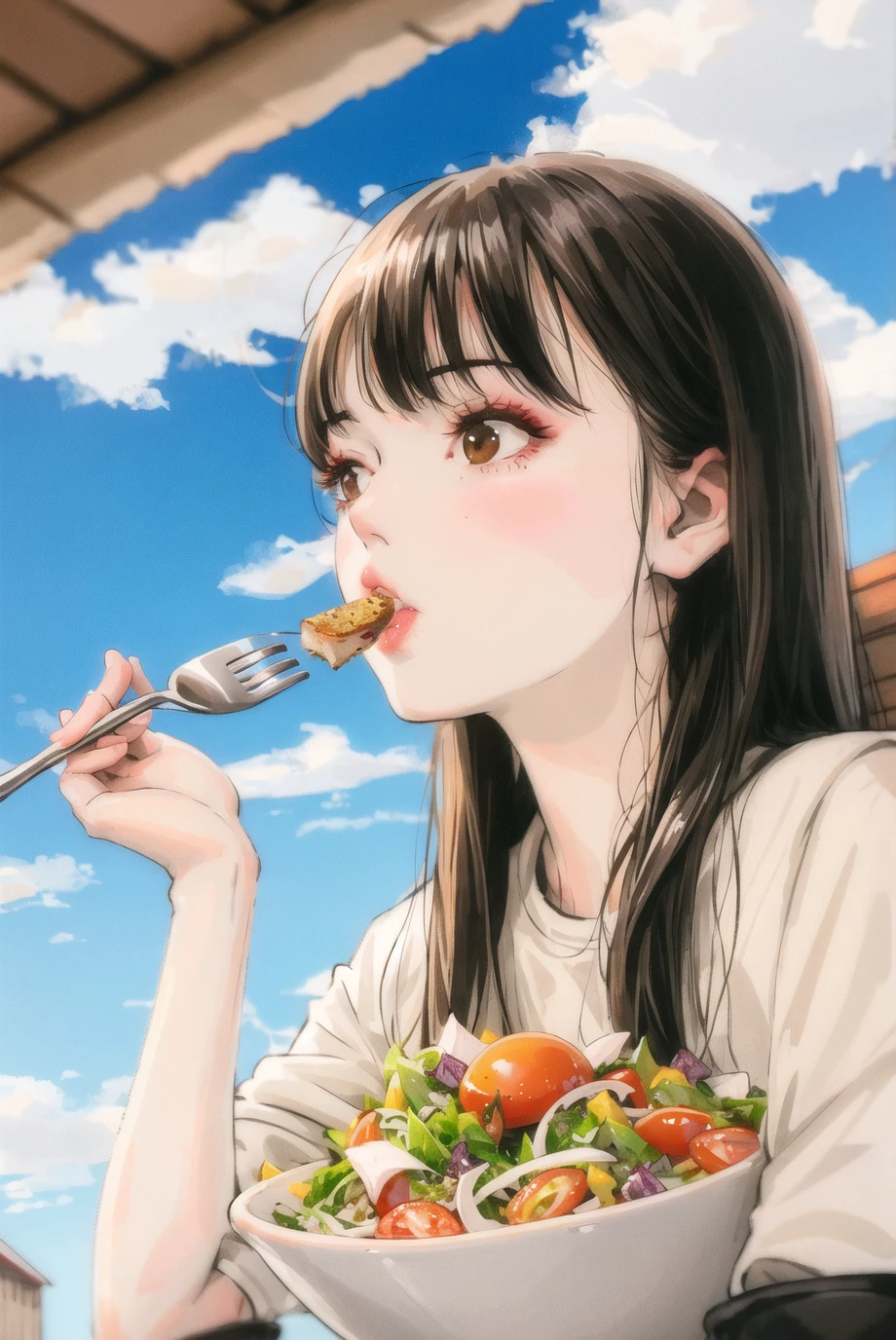 1girl, bangs, black hair, blue sky, bowl, brown eyes, chch-style, cloud, day, eating, food, fork, holding, holding fork, long hair, looking to the side, outdoors, parted lips, salad, sky, solo, tomato, upper body