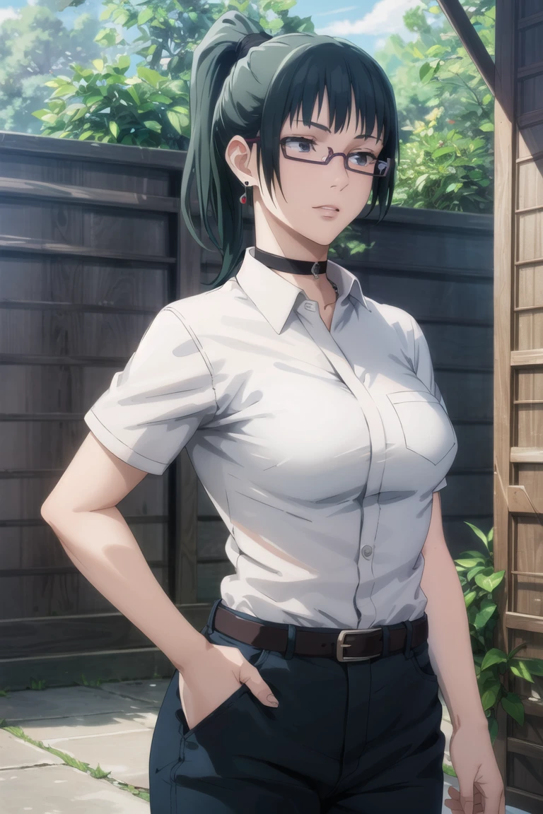 1girl, cowboy shot, beautiful ,zenin_maki,ponytail,glasses,bangs,green hair,brown eyes,shirt, outdoors, belt, choker, collared_shirt, pants, black_belt, black_choker, breast_pocket, earrings, grey_shirt, night, pocket, shirt_tucked_in, short_sleeves, volumetric lighting, best quality, masterpiece, intricate details, tonemapping, sharp focus, hyper detailed, trending on Artstation