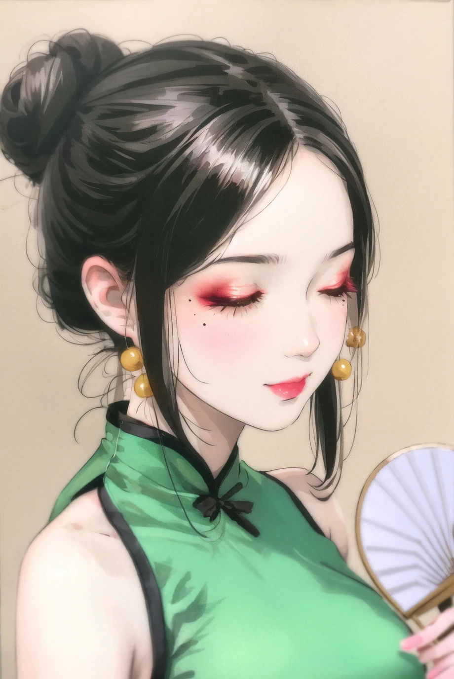 1girl, black hair, chch-style, chinese clothes, closed eyes, closed mouth, hair bun, hand fan, holding, holding fan, makeup, mole under eye, painting \(medium\), paper fan, portrait, solo,mature female,large breasts
