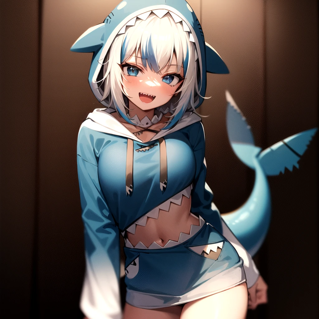 2d, masterpiece, best quality, anime, highly detailed face, highly detailed eyes, highly detailed background, perfect lighting, cowboy shot, 1girl, solo, gawr gura, shark hair ornament, blue hoodie, tail, shark tail, :d, sharp teeth, standing, hood, hood up, oversized clothes, medium breasts, looking at viewer <lora:gawr gura v3:1>