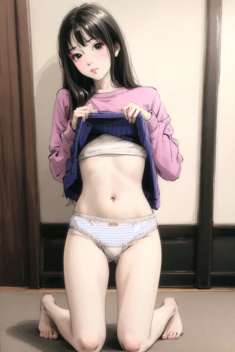 1girl, barefoot, black eyes, black hair, chch-style, clothes lift, full body, kneeling, lifted by self, long hair, long sleeves, looking at viewer, navel, no pants, panties, shirt, shirt lift, solo, striped, striped shirt, sweater, , , white panties