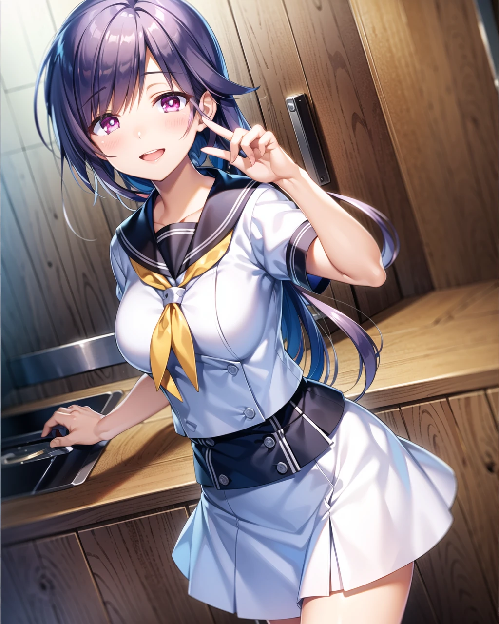 ((masterpiece)), ((best quality)), ((highres)), ((extremely detailed CG unity 8k wallpaper)), solo, <lora:mizuori shizuku:0.7>, mizuori shizuku, white school uniform, white skirt, black socks, cowboy shot, kitchen, smile