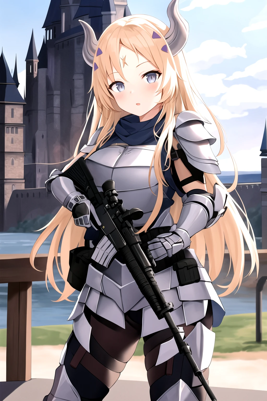 masterpiece, best quality, 1girl, m4a1, ecclesia, armor, horns, rifle, trigger discipline, castle background <lora:Ecclesia e6:0.8> <lora:m4a1:0.85>