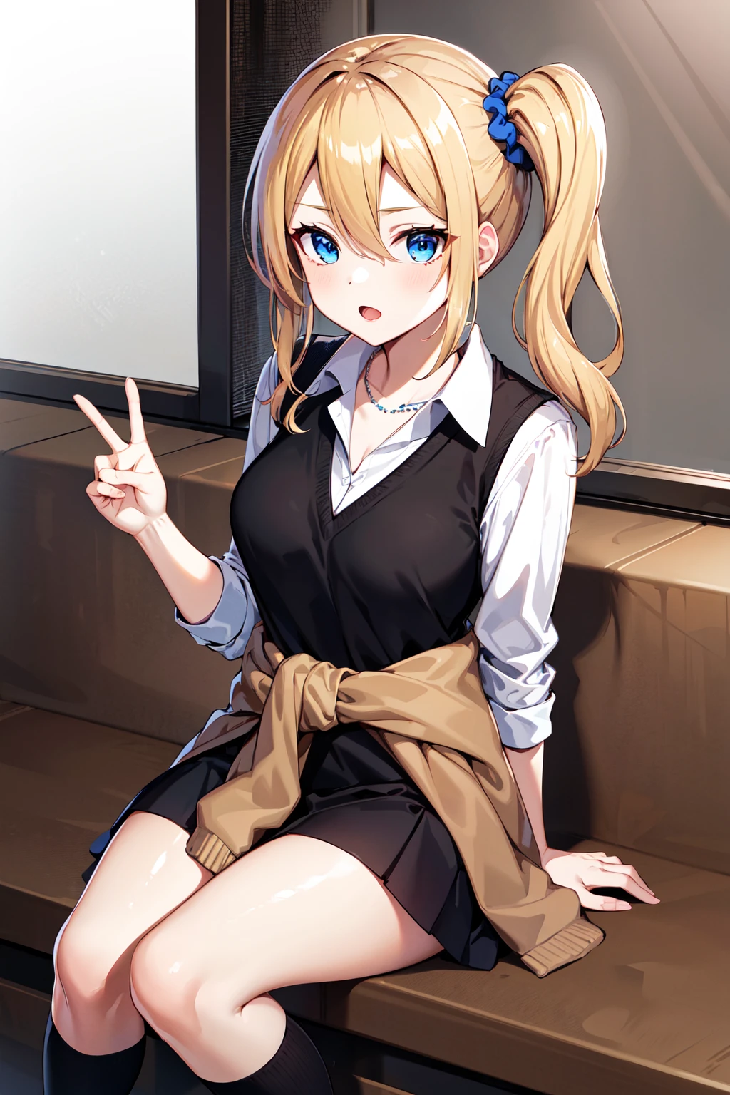 masterpeace, best quality, highres, 1girl, solo, hayasaka ai, blue scrunchie, side ponytail, hair between eyes, blue eyes, blonde hair, hair ornament, breasts, school uniform, collared shirt, hair scrunchie, clothes around waist, bangs, black socks, black vest, long hair, long sleeves, cardigan, sidelocks, kneehighs, dress shirt, necklace, collarbone, black dress, jewelry, sweater, <lora:hayasaka_ai_v10:0.6>