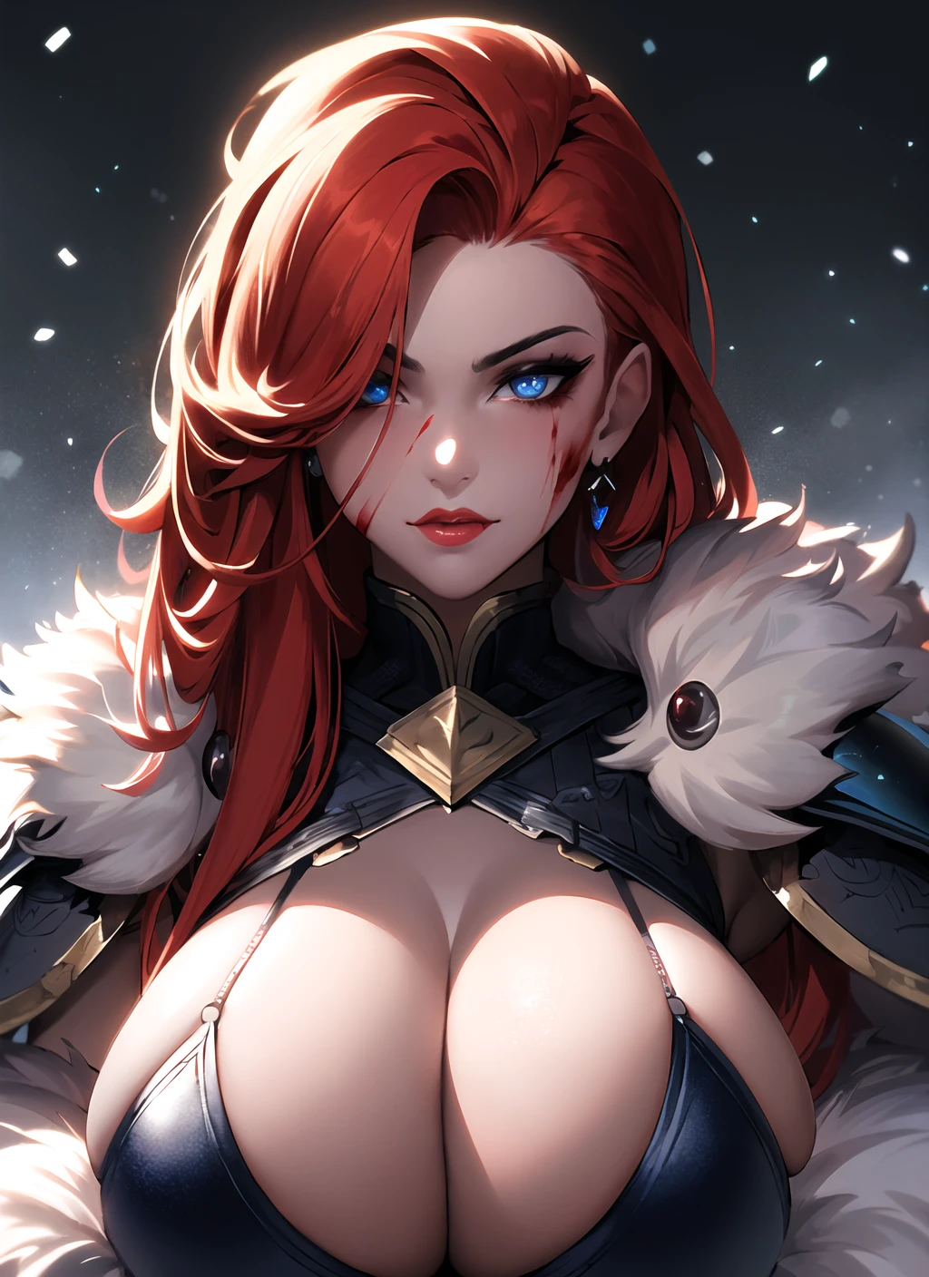 1girl, (warrior), winter clothes, (blood on face:1), (Norse),intricate, fur, shoulder armor, red hair, long hair, (eyeliner:1.2), wind, blizzard, looking at viewer,jewelry,blue eyes ,detailed background, depth of field,gigantic breasts,glowing eyes (masterpiece, high quality:1)