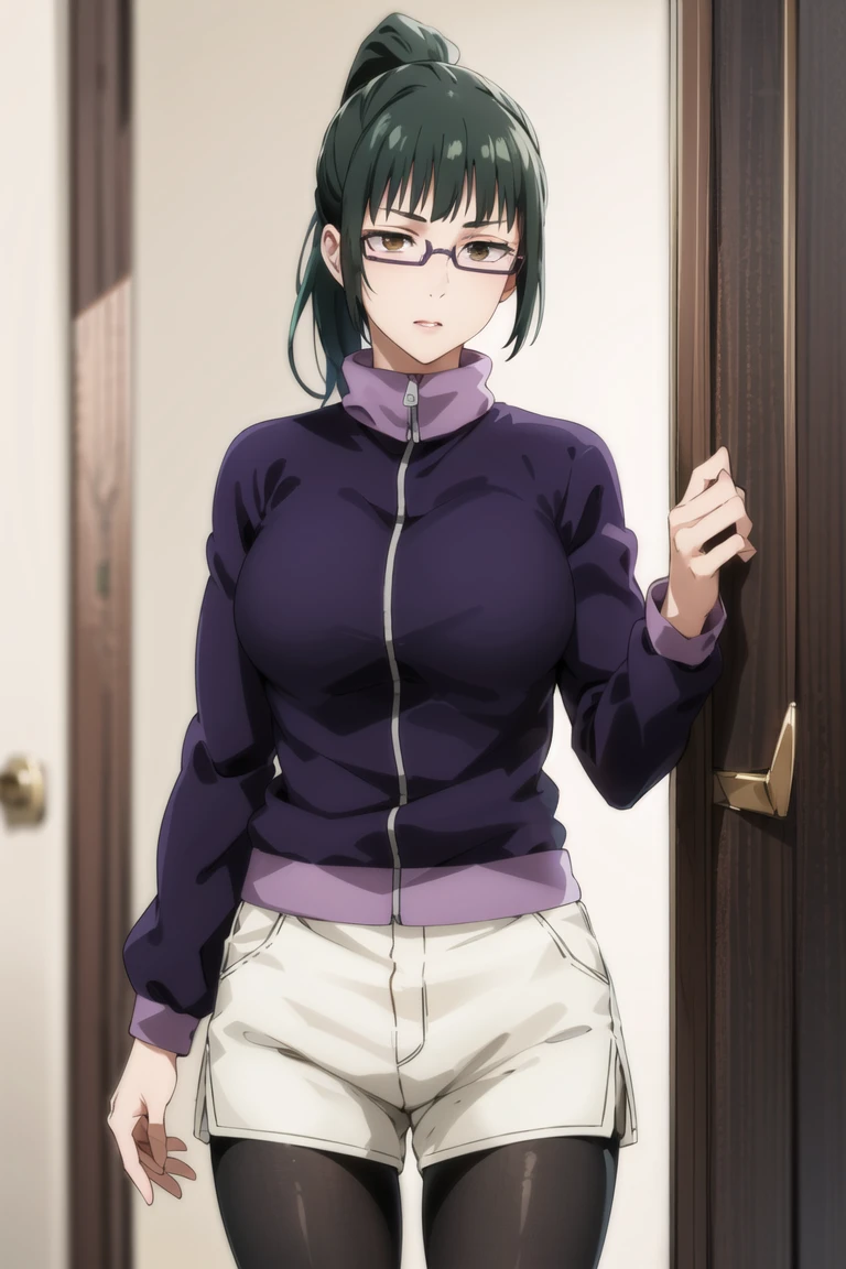 1girl, cowboy shot, beautiful zenin_maki,ponytail,glasses,bangs,green hair,brown eyes,purple jacket,  white shorts, black pantyhose, medium breast, cowboy shot, indoors , volumetric lighting, best quality, masterpiece, intricate details, tonemapping, sharp focus, hyper detailed, trending on Artstation,