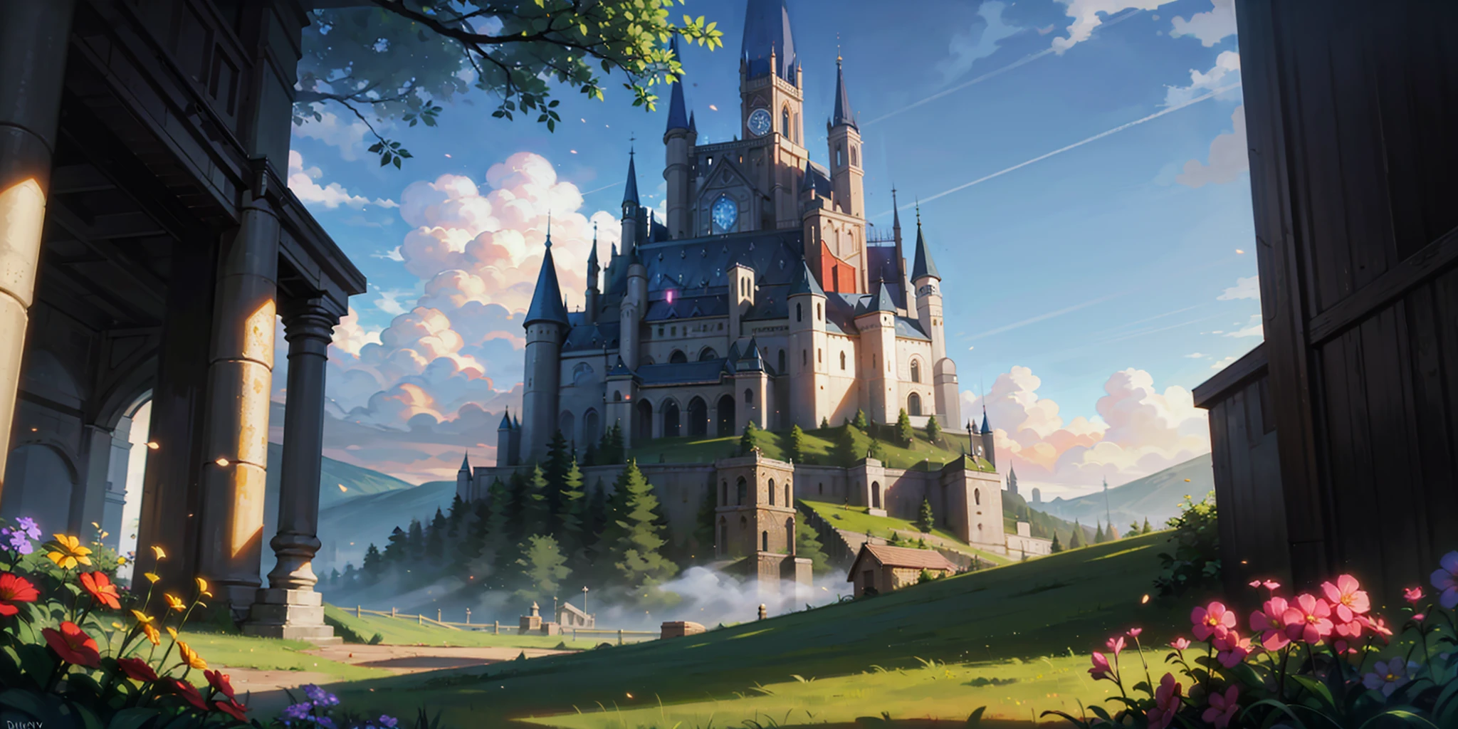 landscape, fantasy city, magic tower, trees, flowers, particles, day, sun, volumetric lighting, best quality, masterpiece, realistic