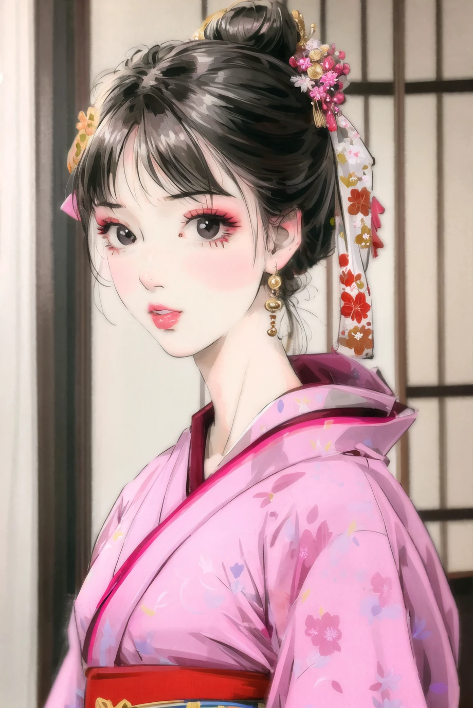 1girl, black eyes, black hair, chch-style, earrings, hair bun, hair ornament, japanese clothes, jewelry, kimono, lips, looking at viewer, obi, pink kimono, sash, solo, upper body