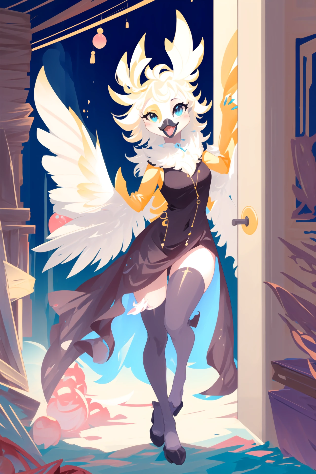 anthro avian bird, (beak), ((winged-arms)), sfw, female, party clothes, party attire, flirty pose, directional lighting, 2d, bright colors, at a party, messy room, detailed background,