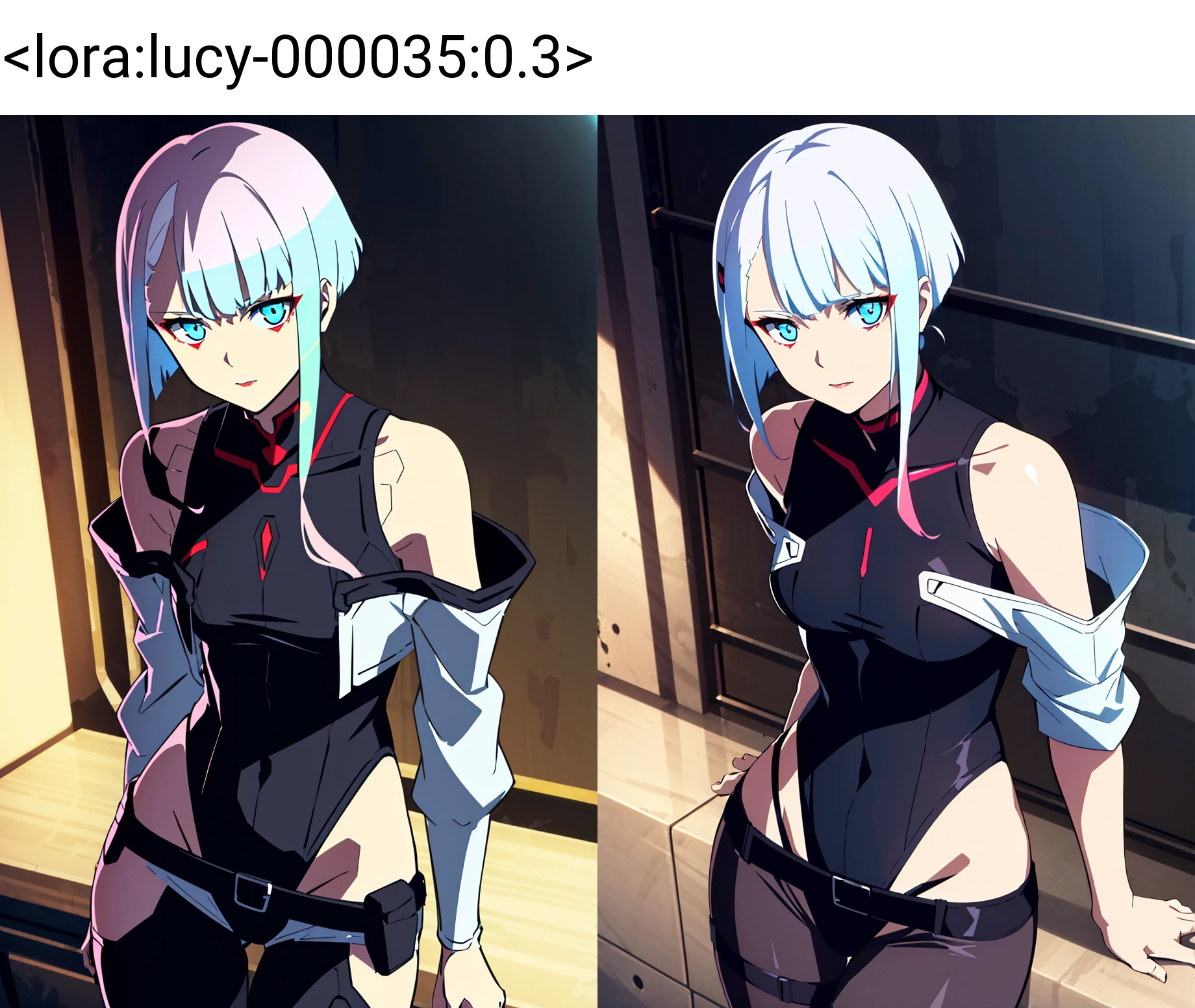 cyberpunk edgerunners, 1girl, lucy \(cyberpunk\), bare shoulders, blue eyes, breasts, leotard, looking at viewer, medium breasts, off-shoulder jacket, off shoulder, red eyeliner, short hair, sleeveless turtleneck leotard, solo, turtleneck leotard, white hair, ((masterpiece))   <lora:cyberpunk_edgerunners_offset:1> <lora:lucy-000035:0.3>