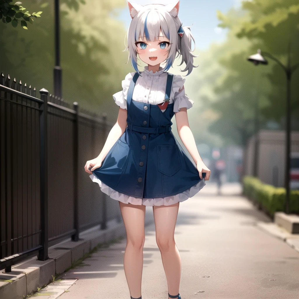 2d, masterpiece, best quality, anime, highly detailed face, highly detailed eyes, highly detailed background, perfect lighting, full body, 1girl, solo, gawr gura, shark girl, blue dress, suspenders, (shark print), side ponytail, cat ears, bangs, hair ornament, :d, sharp teeth, standing, outdoors <lora:gawr gura v3:1>