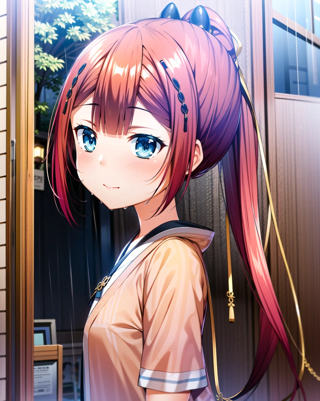 ((masterpiece)), ((best quality)), ((highres)), ((extremely detailed CG unity 8k wallpaper)), solo, raining, <lora:kamiyama shiki-000005:1>, kamiyama shiki, ponytail, pink jacket, red kimono, rain, looking away, wet, outdoors, closed mouth