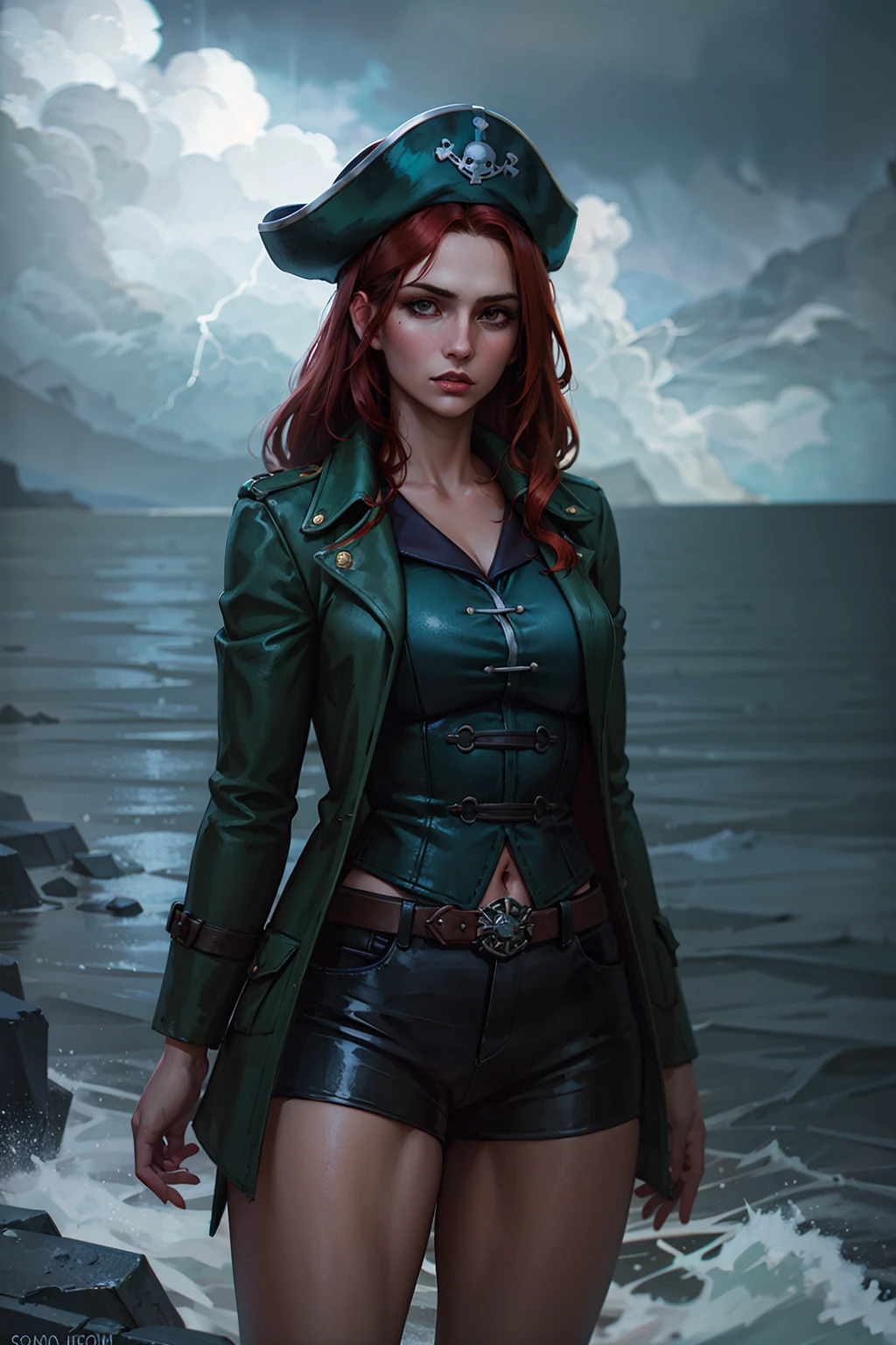 1girl, cowboy shot of redhead pirate, long green coat, sea, storm, dark atmosphere, volumetric lighting, best quality, masterpiece, chromatic aberration, realistic