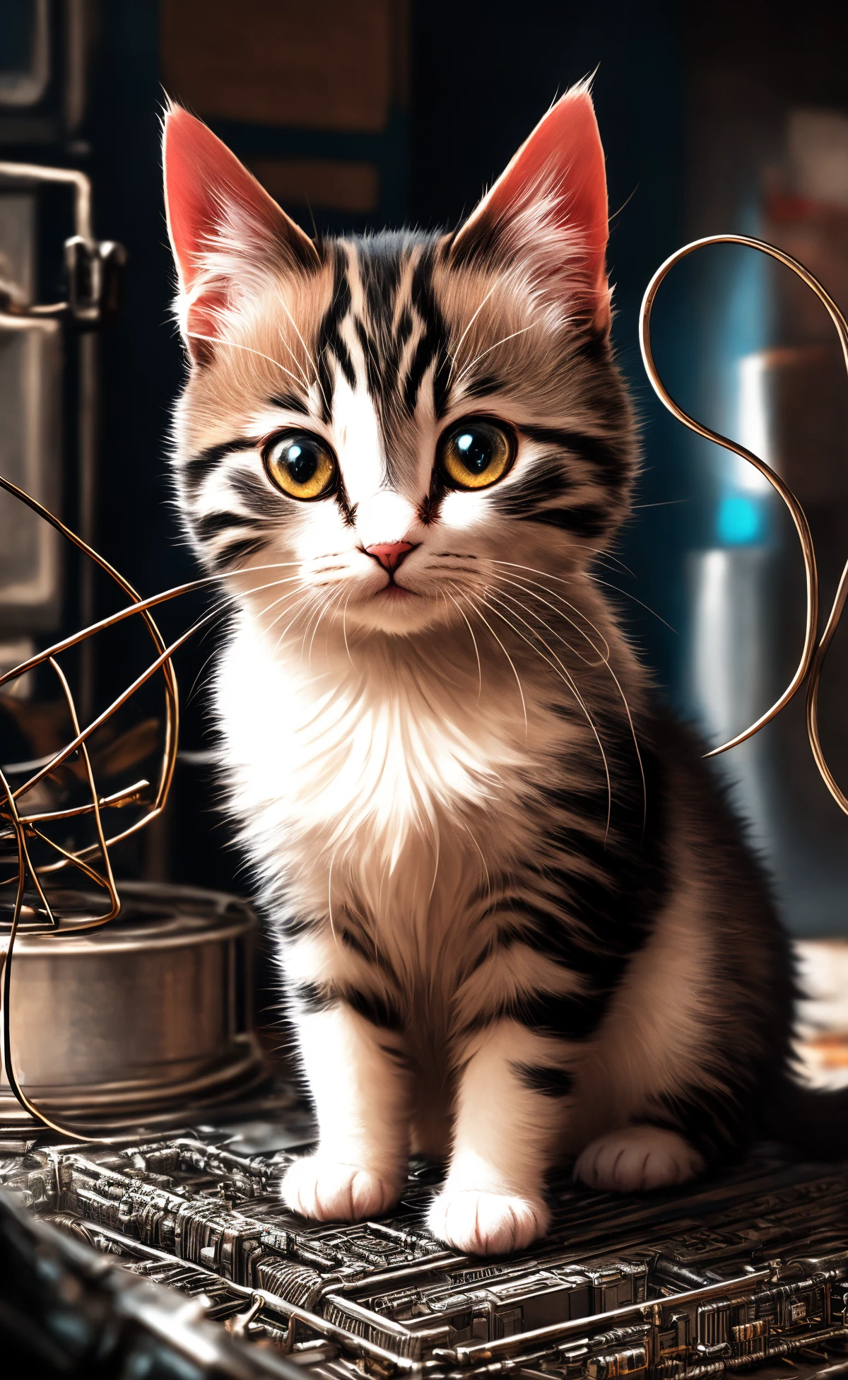 a cute kitten made out of metal, (cyborg:1.1), ([tail | detailed wire]:1.3), (intricate details), hdr, (intricate details, hyperdetailed:1.2), cinematic shot, vignette, centered