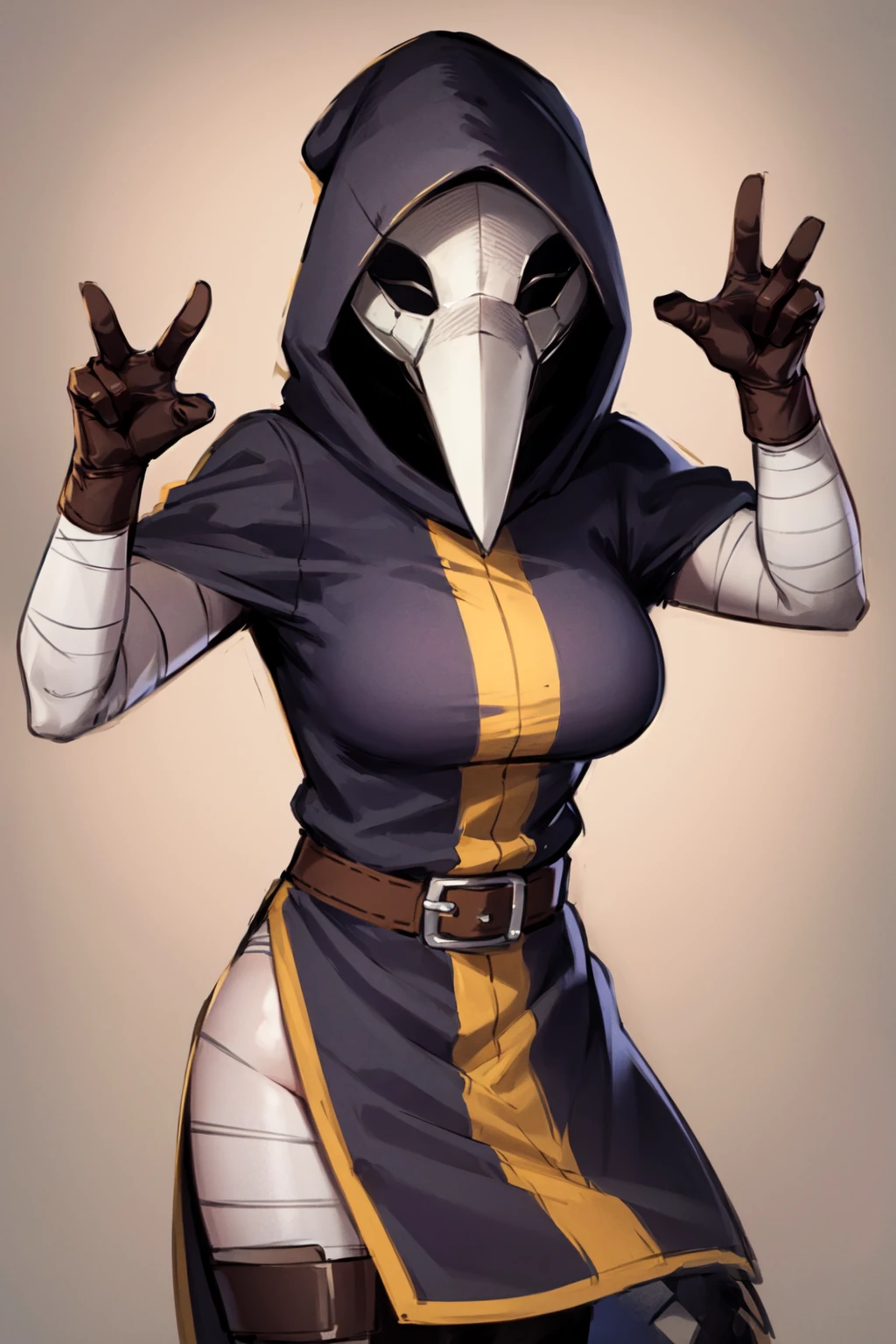 plague doctor, 1girl, solo, hood, mask, gloves, faceless, plague doctor mask, bandage, tabard, medieval, pose, breasts, happy, cute, v, gesture