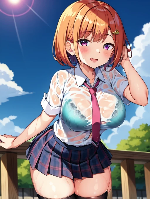 fsb, frosuke, 1girl, wet, breasts, wet clothes, solo, underwear, skirt, bra, school uniform, open mouth, outdoors, see-through, necktie, short hair, pink bra, orange hair, large breasts, wet shirt, sky, day, smile, bra visible through clothes, hairclip, shirt, hair ornament, looking at viewer, blush, plaid, socks, plaid skirt, kneehighs, cloud, leaning forward, black socks, white shirt, pleated skirt, blue sky<lora:sukebra(bsb&fsb)-000003:1>