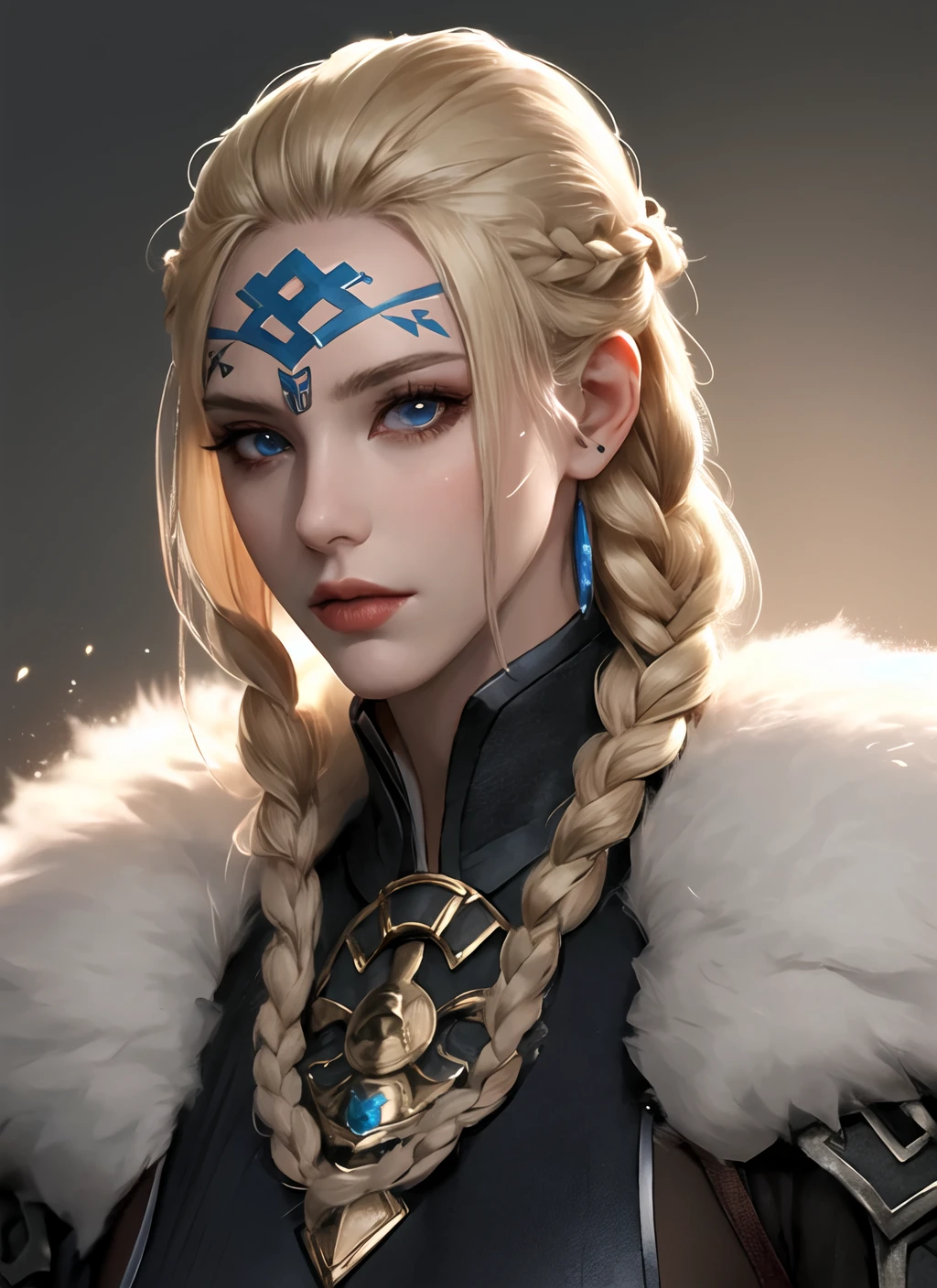 1girl,Norse, fur ,mature female , eyeliner, blonde hair, long hair, braid, fantasy, upper body (masterpiece, high quality:1.2)