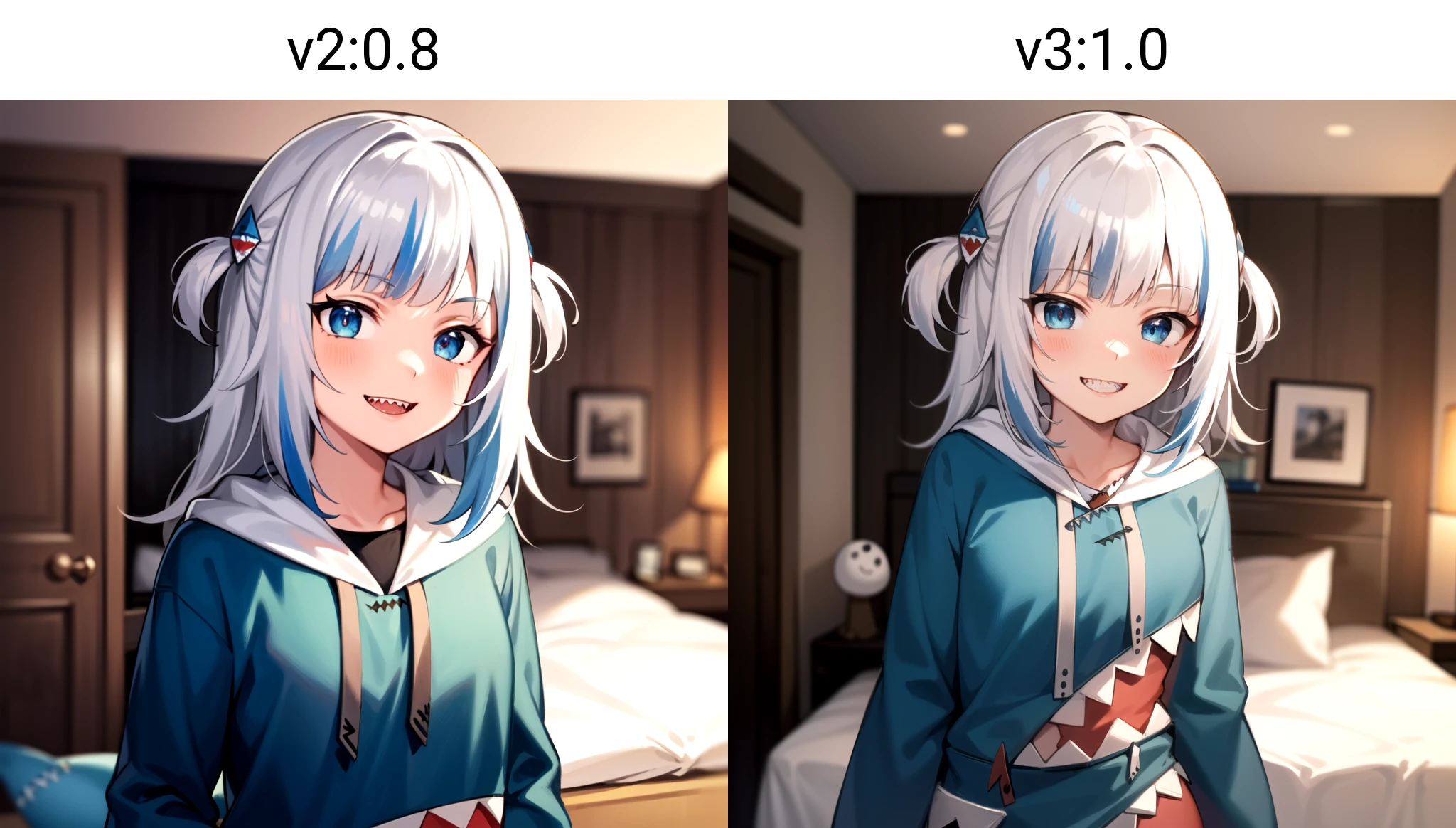 2d, masterpiece, best quality, anime, highly detailed face, highly detailed eyes, highly detailed background, perfect lighting, upper body, 1girl, solo, gawr gura, shark tail, shark hair ornament, blue hoodie, standing, bedroom, smile, sharp teeth <lora:gawr gura v2:0.8>