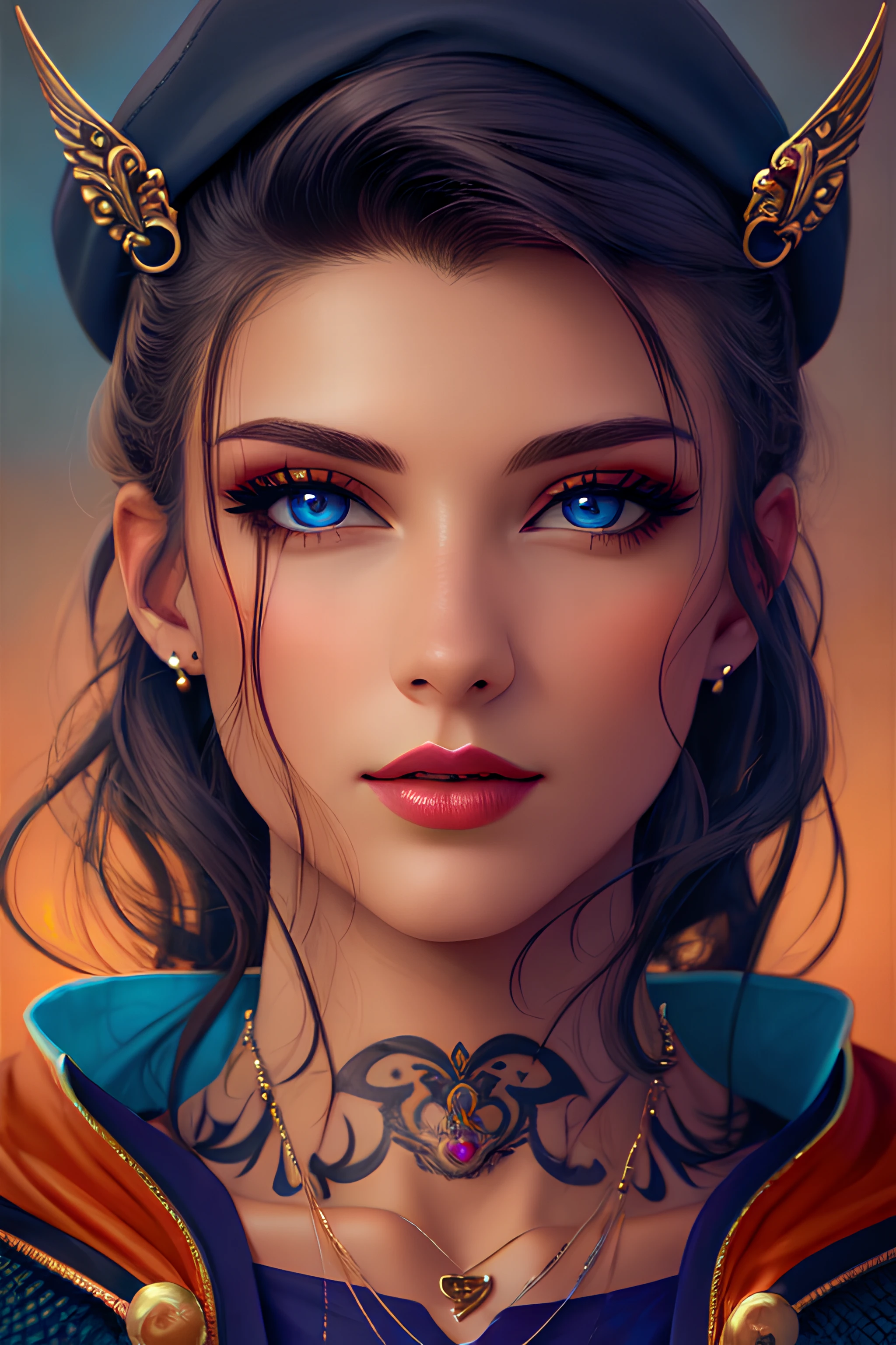 1girl, solo, jewelry, hat, realistic, piercing, earrings, black hair, necklace, baseball cap, blue eyes, ear piercing, ponytail, tattoo, makeup, traditional media, lips