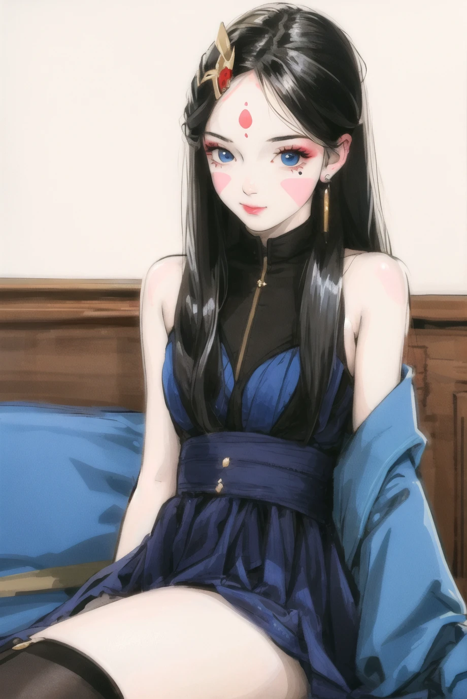 1girl, bare shoulders, black hair, blue dress, blue eyes, chch-style, dated, dress, earrings, facial mark, forehead mark, hair ornament, jewelry, long hair, looking at viewer, mask, sitting, solo, thighhighs