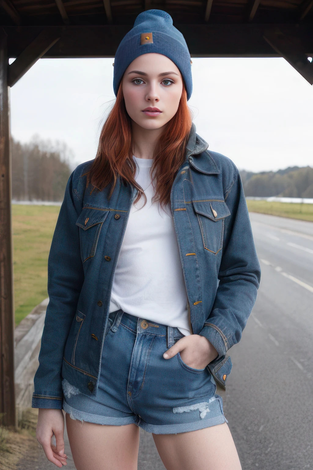 Informative, analog style, eye focus, highest quality, (highly detailed skin, detailed skin texture), RAW color photo, (clothed), of a beautiful Scottish, red hair, pale skin woman with short hair, 20 year old, (tomboy), (wearing beanie, tight blue jeans, and Carhartt work coat overtop of sweatshirt), standing outside on cold winter day, Athletic physique, small breasts, stunning ass, perfect face, alluring eyes, perfect iris, [makeup], skin pores, [freckles], (highly detailed, fine details), diffused lighting, tilt shift, side lighting, film grain, photographed on a Canon EOS R5, 8k resolution, ((full body))