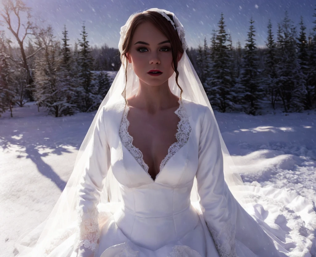 painting by greg rutkowski of 1girl, evening, wide angle, 
in the snow, snowing, blurry background, portrait, 
, fascinated
bride dress, <lora:NancAce_v2:1>

Style inspired by "greg rutkowski" and "artgerm"