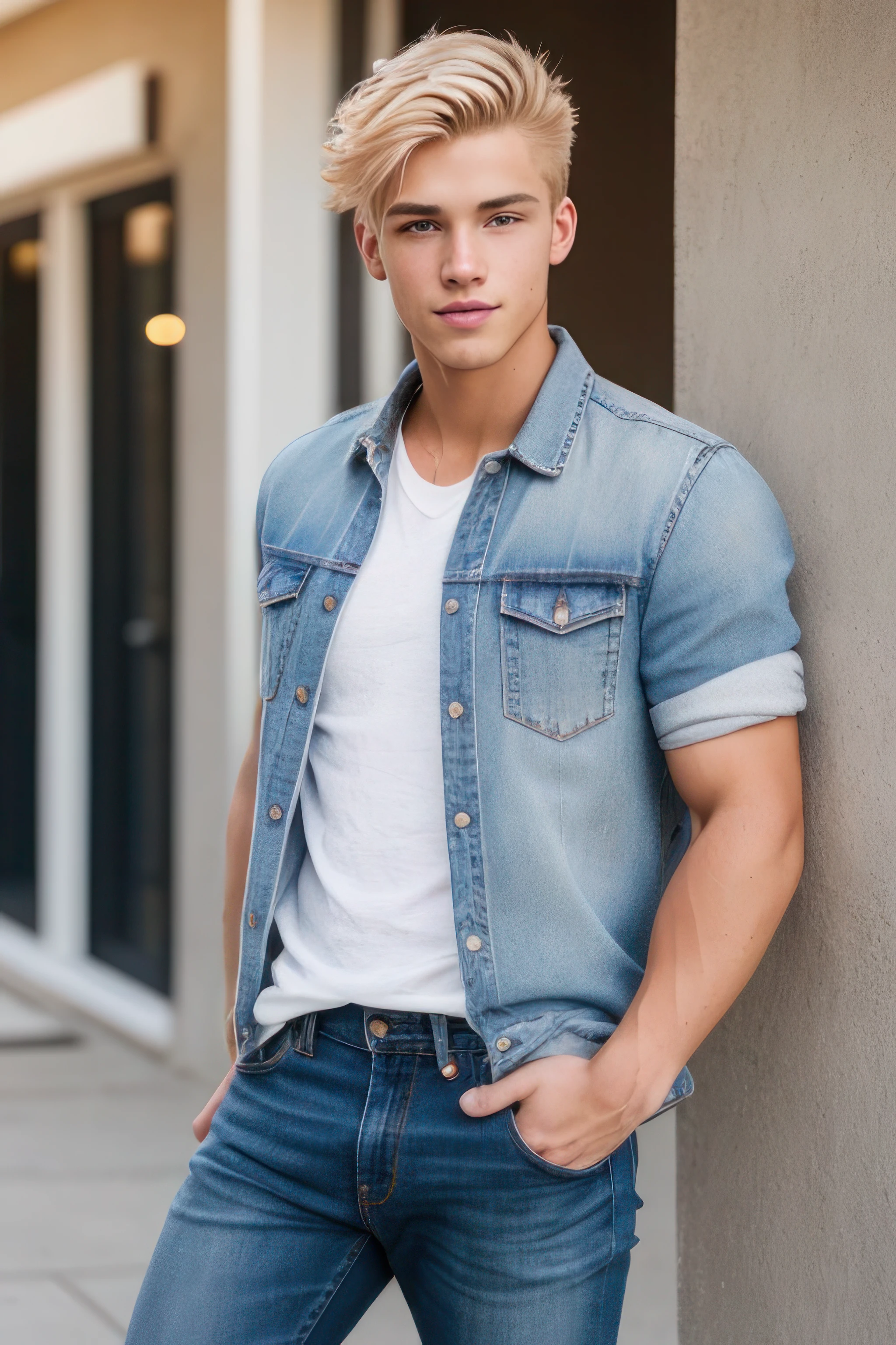 a photo of a handsome 21yo man with blonde hair, wearing a jeans, simple background, photorealism, photorealistic, nsfw, sexy, nude, sharp, focused, centered, extreme deail, HD, 8k, DSLR, RAW, iphone, instagram