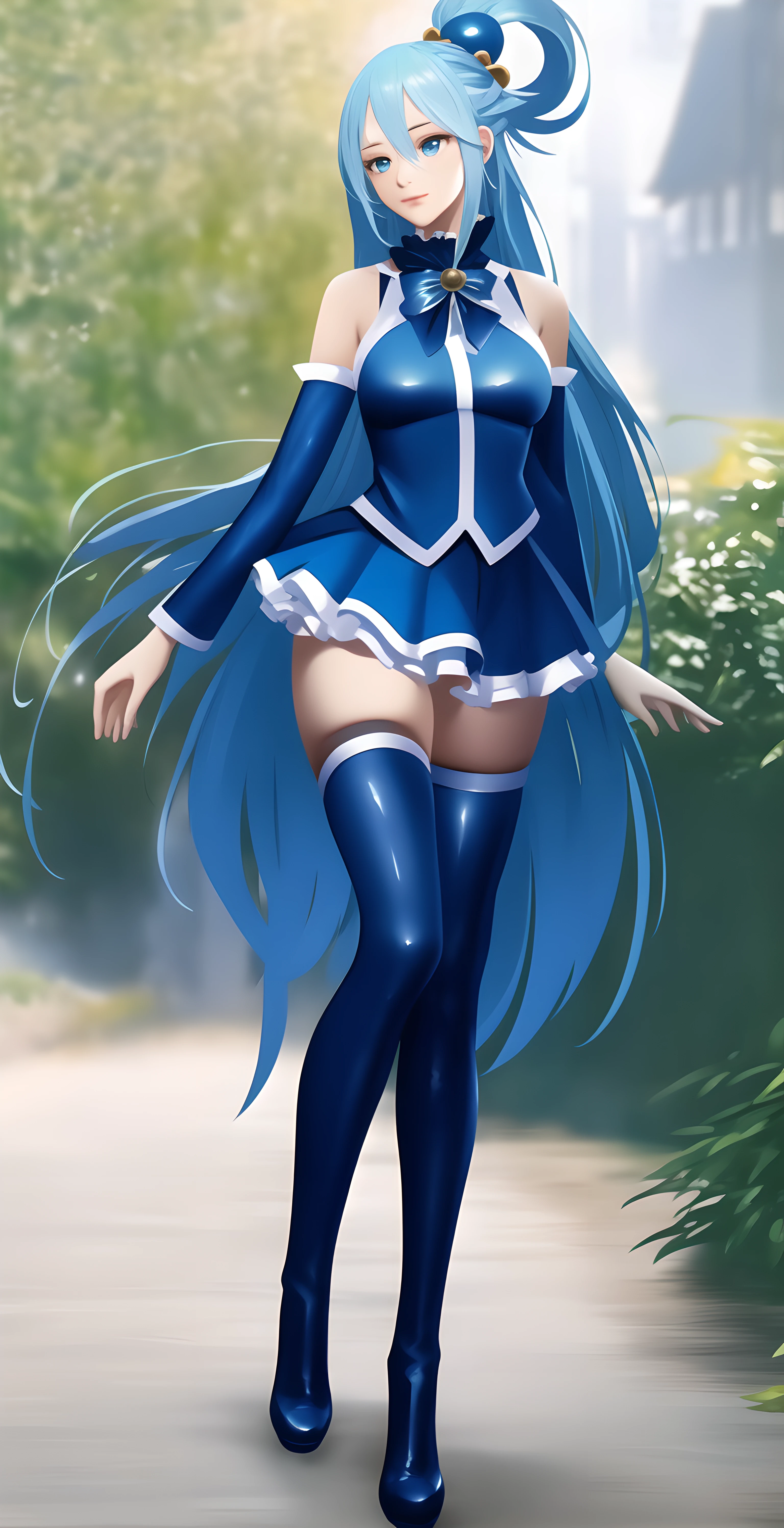 High Quality, SadeAbyss,1girl, solo,aqua \(konosuba\), standing, blue footwear, blue thighhighs,blue boots, detached sleeves, hair ornament, hair rings, open hand, single hair ring, blue skirt,blue thigh boots, thighhighs, very long hair, white thighhighs,, long blue hair, blue eyes,closed mouth,(masterpiece),(best quality:1.4), medium breasts, <lora:SadeAbyss_V2.4:1> , <lora:aquaKonosubaLora_1:0.2>, detailed eyes, arms behind