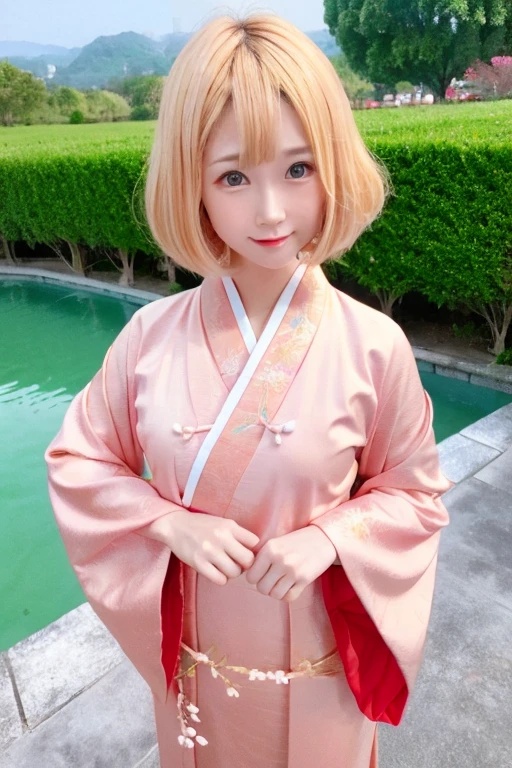 best quality, masterpiece, 1girl, looking at viewer, solo, realistic, photorealistic, blonde hair, short hair, hanfu dress, japanese traditional architecture,