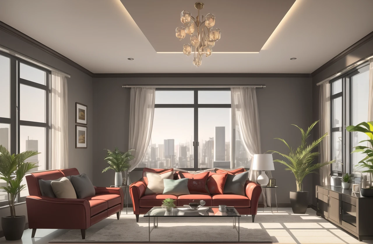 photorealism, interior design, luxury suite, masterpiece, best quality, raytracing, reflective, highres, big window, modern design, home, HDR, (home design), (modern), glass, (plants), ((volumetric light)), realistic light, cityscape, (depth of field), soft light, television, teapoy, sofa, (extremely detailed), detailed background, ((octane render))