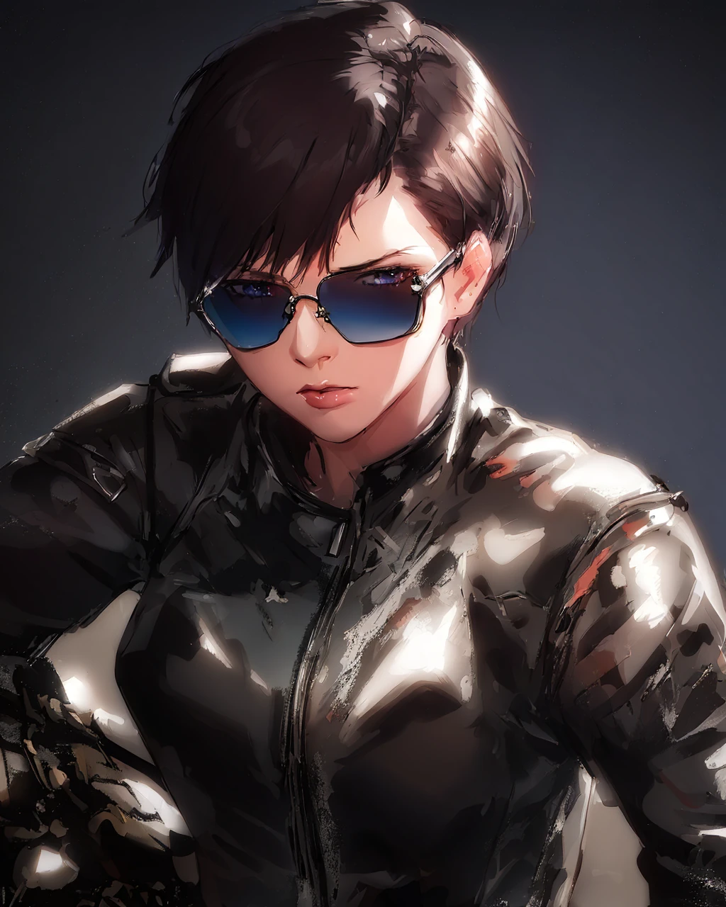 best quality, (masterpiece:1.5),(ultra-detailed), (high quality:1.3), (high resolution),best quality ((masterpiece,best quality, detailed)), ultra-detailed, detailed hair, hard rim lighting,((dramatic lighting)),sharp focus,tomboy, 1girl, short hair,tomboy,night,cyberpunk, motorcycle, leather suit, pose,sun glass,