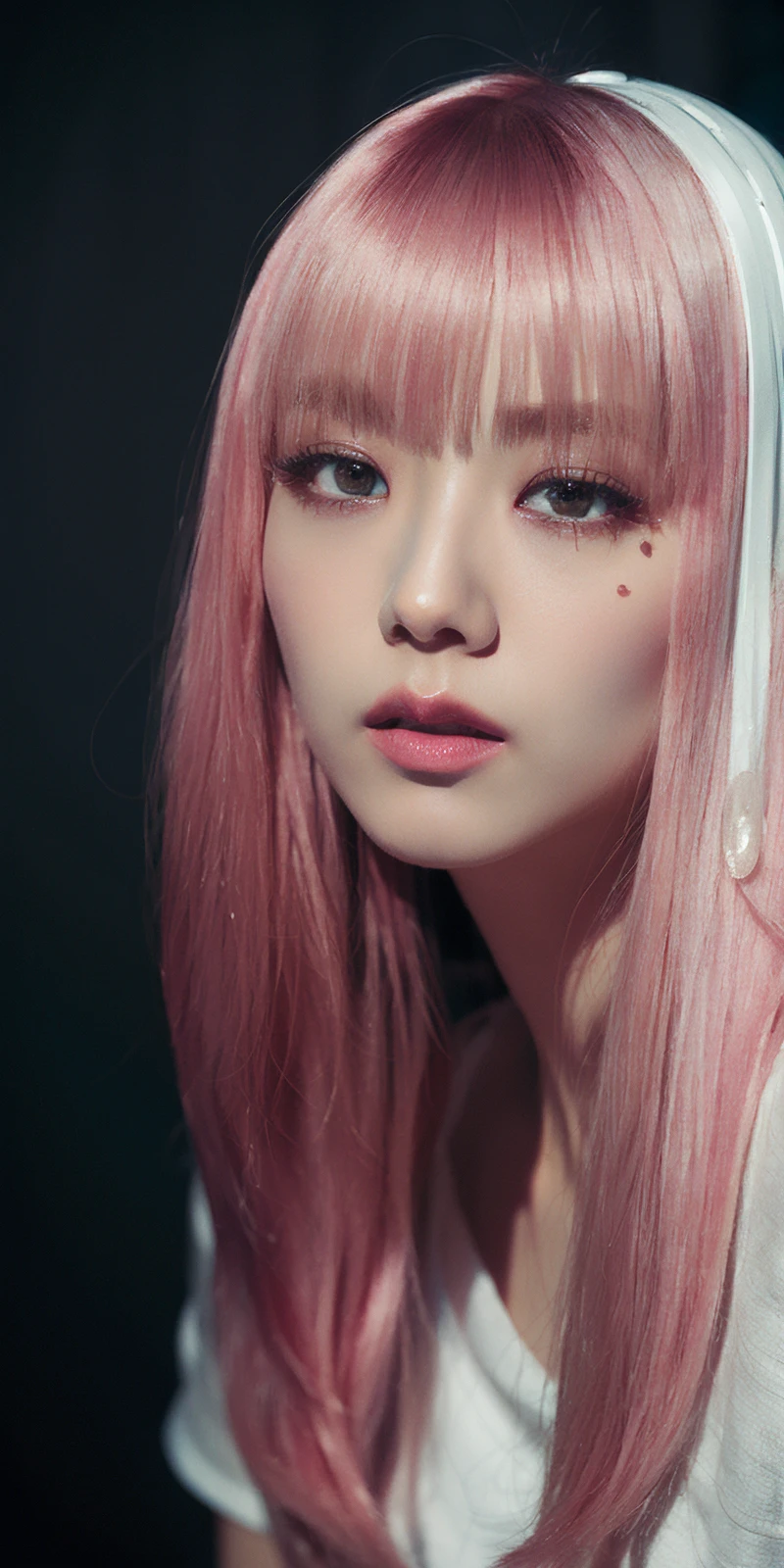 (4k,   best quality, highres:1.2), (realistic, photo-realistic:1.37),  Jisoo, 1girl,  solo, long hair, nose, parted lips ,  gloomy room, dark  background, (pale skin:1.5),   curly hair,  pink hair, alluring  , seductive,   (looking at viewer:1.6) ,  (pink eyeshadow:1.3), delicate,
close-up,  blush , realistic, solo, long eyelashes  ,   (detailed eyes,   facing viewer :1.3),  
realistic light, realistic shadow,   [blurry background], eye focus,  [depth of field], professional lighting, photon mapping, radiosity, physically-based rendering, High Detail, masterpiece, F/4.0, 35mm lens, (front lighting photography, catch light:1.8),