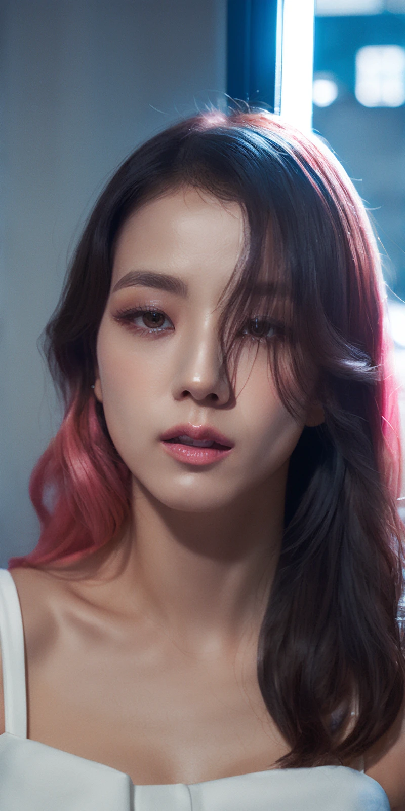 (4k,   best quality, highres:1.2), (realistic, photo-realistic:1.37),  Jisoo, 1girl,  solo, long hair, nose, parted lips ,  gloomy room, dark  background, (pale skin:1.5),   curly hair,  pink hair, alluring  , seductive,   (looking at viewer:1.6) ,  (pink eyeshadow:1.3), delicate,
close-up,  blush , realistic, solo, long eyelashes  ,   (detailed eyes,   facing viewer :1.3),  
realistic light, realistic shadow,   [blurry background], eye focus,  [depth of field], professional lighting, photon mapping, radiosity, physically-based rendering, High Detail, masterpiece, F/4.0, 35mm lens, (front lighting photography, catch light:1.8),