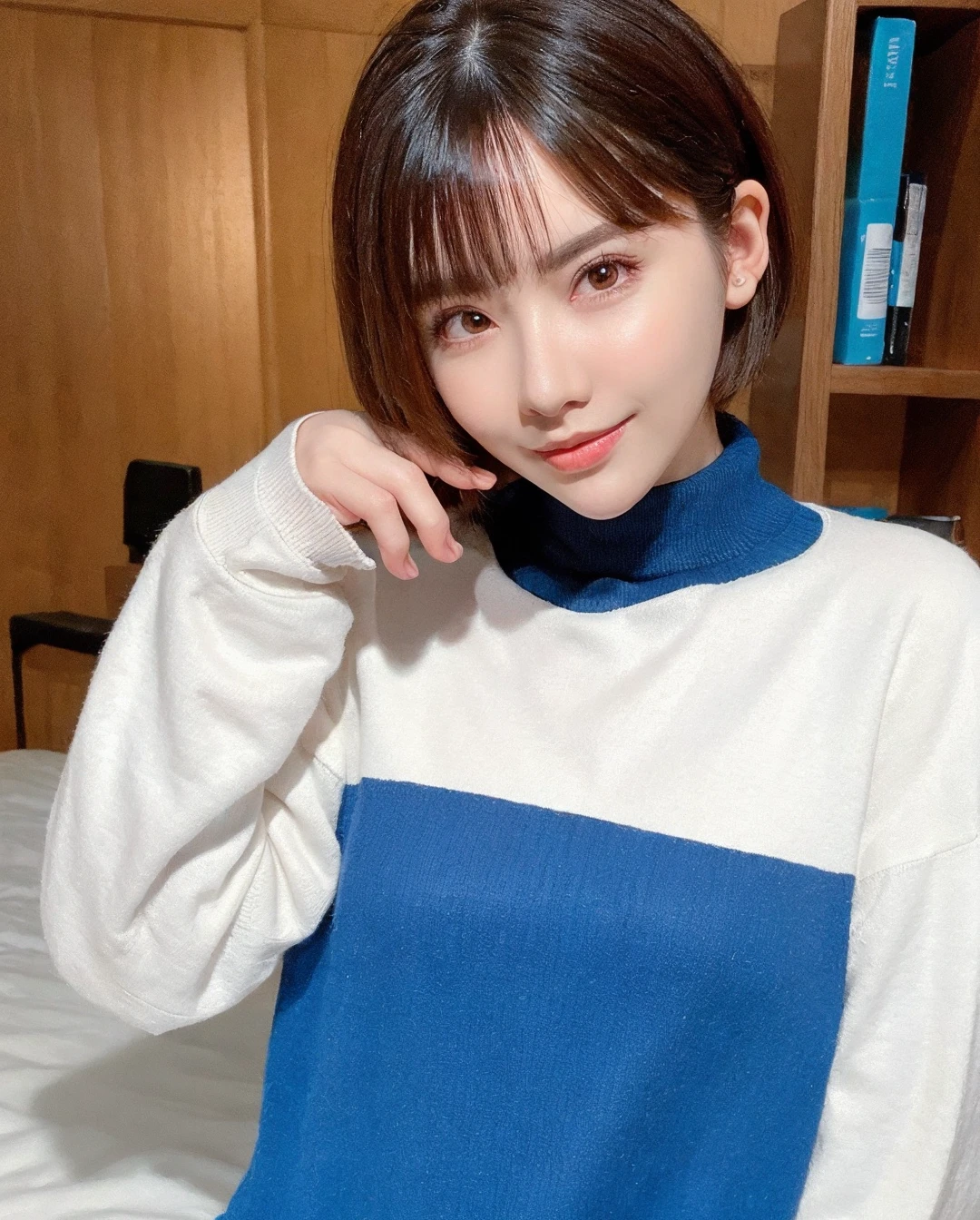 best quality, photorealistic, 8k, high res, 1girl, woman, (skindentation), (professional lighting), (portrait:0.6), gorgeous, brunette, ((white plain background:1.2)), (small breast, blue polo-neck sweater, parted bangs:1.5), (looking at the viewer), 1girl sleepy eyes looking at viewer:1.5, photorealistic, (bokeh), (portait:0.6), gorgeous, (dynamic pose:1.2), smile:1.9, <lora:Eimi:0.75>