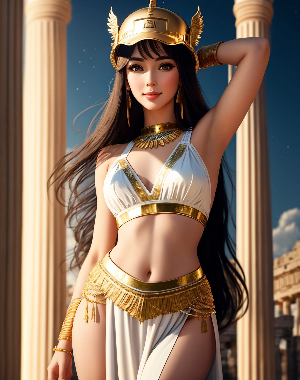 Beautiful Greek mythological girl, long hair, perfect glass hour body, huge breasts, ((big nipple outline)), super small waist, vintage tight sexy sheers skirt, super detailed, feminine features obvious, smiling, dancing in the dilapidated Greek temple, many crowds also dance with her, the picture is full of natural color, blurred background, --auto --s2