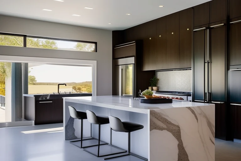 dvArchInteriorModern style, kitchen, center marble island, window to outside, subtle details, 24mm, f1.8, shadows, sunset lighting, wide angle, award winning architecture photography, diffused light, soft light