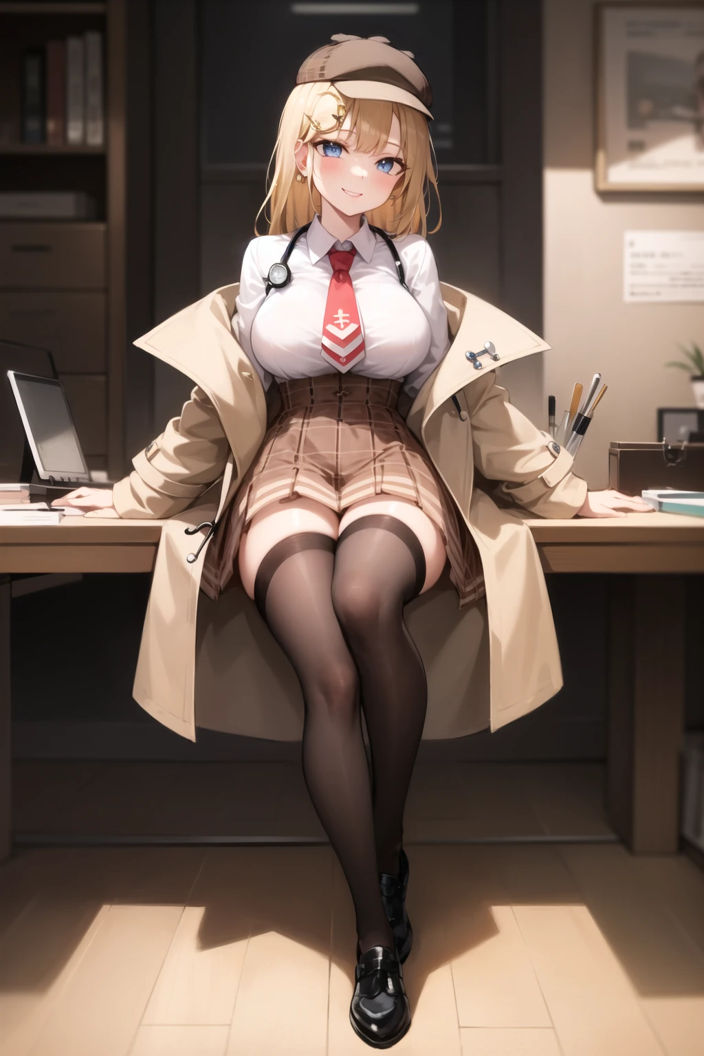 2d, masterpiece, best quality, anime, highly detailed face, highly detailed eyes, highly detailed background, perfect lighting, full body, 1girl, solo, amelia watson, office, sitting, hair ornament, white shirt, red necktie, plaid skirt, high-waist skirt, coat, deerstalker, detective, stethoscope, thighhighs, pocket watch, black footwear, seductive smile, medium breasts <lora:amelia-07:1>