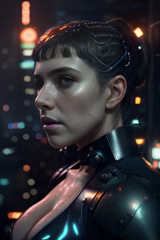 Dystopian, [sci-fi], High Detail RAW color Photo, Full Shot, of (cute female arterial intelligence, wearing see-through white chemise), outdoors, standing, on overlook, looking out at sprawling cyberpunk city skyline), toned physique, large ass, (pale skin), (perfect face), pretty eyes, (cybernetic implants:1.2), (augmentations), (cyborg:1.1), (detailed skin, diffused skin pores), silicone, metal, (highly detailed, fine details, intricate), (lens flare:0.5), (bloom:0.5), smog, dust, (badlands:0.8), (observitory:0.7), raytracing, specular lighting, shallow depth of field, photographed on a Sony a9 II, 70mm lens, F2.8, hard focus, smooth, cinematic film still from Blade Runner 2049, [Cyberpunk:Orwelian:45], (rear angle)
