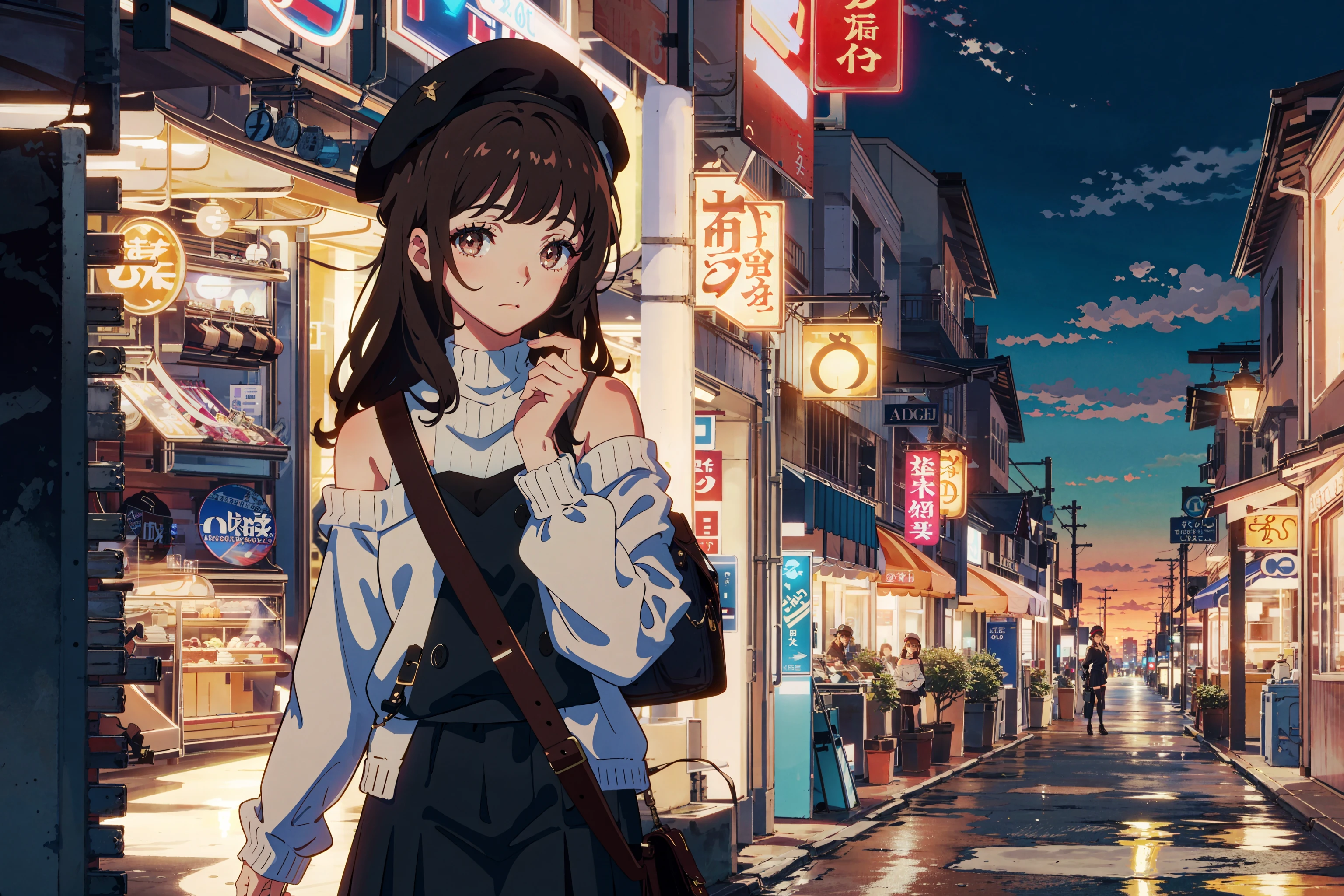 masterpiece, best quality,
1girl, bag, upper body, street, bangs, bare shoulders, beret, black footwear, black headwear, brown eyes, brown hair, closed mouth, handbag, hat, holding, long hair, long sleeves, looking at viewer, off shoulder, shoes, skirt, sleeves past wrists, socks, solo, sweater, white legwear