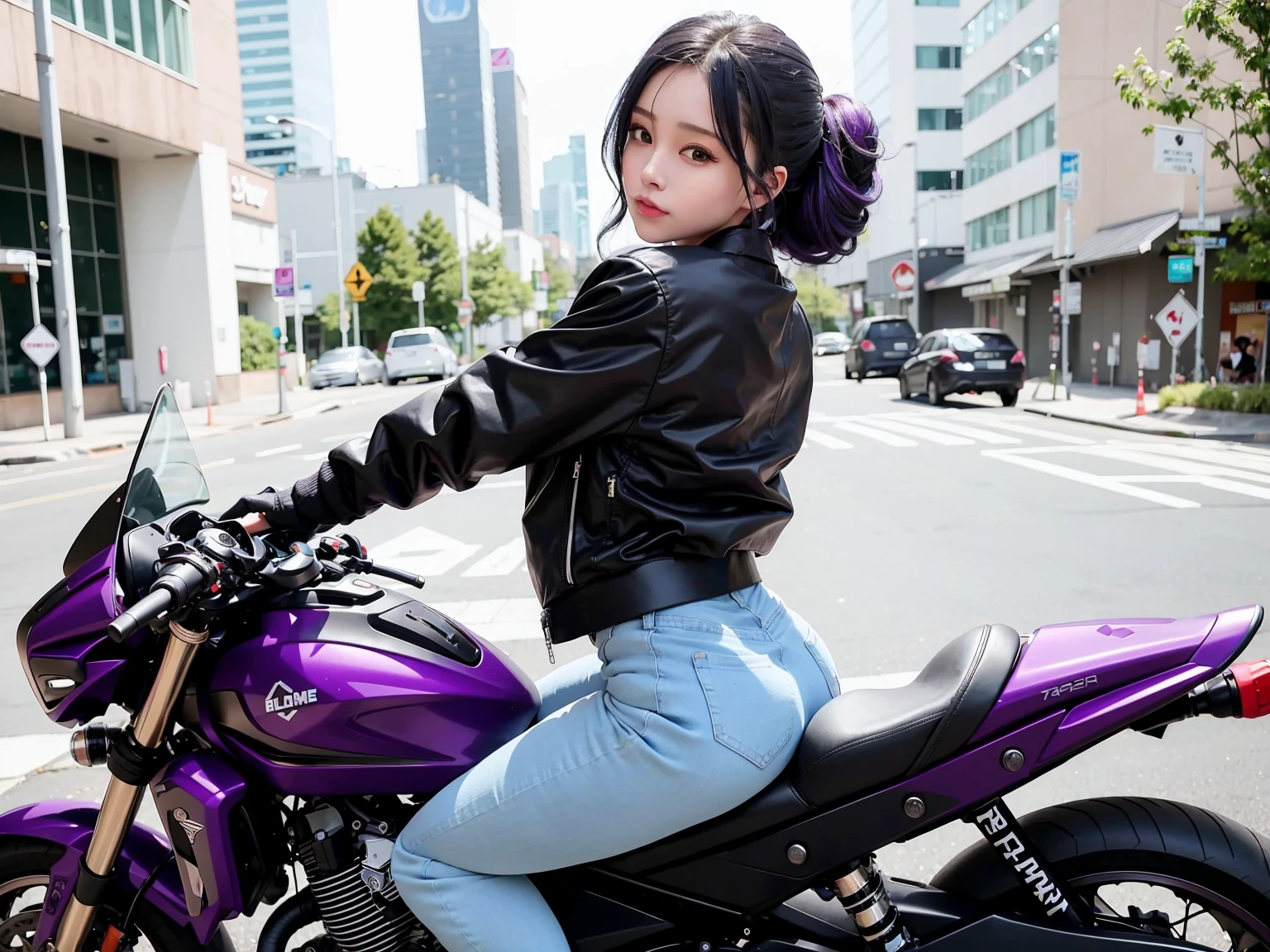 <lora:yhmotorbikev0.2:0.9> far shot,(a girl wearing oversized black jacket and jeans), (blue beehive hairdo), riding a purple yhmotorbike on a city street, (long leg), very detailed, front view, looking at viewer <lora:koreanDollLikeness_v15:0.2> pureerosface_v1, (back view)