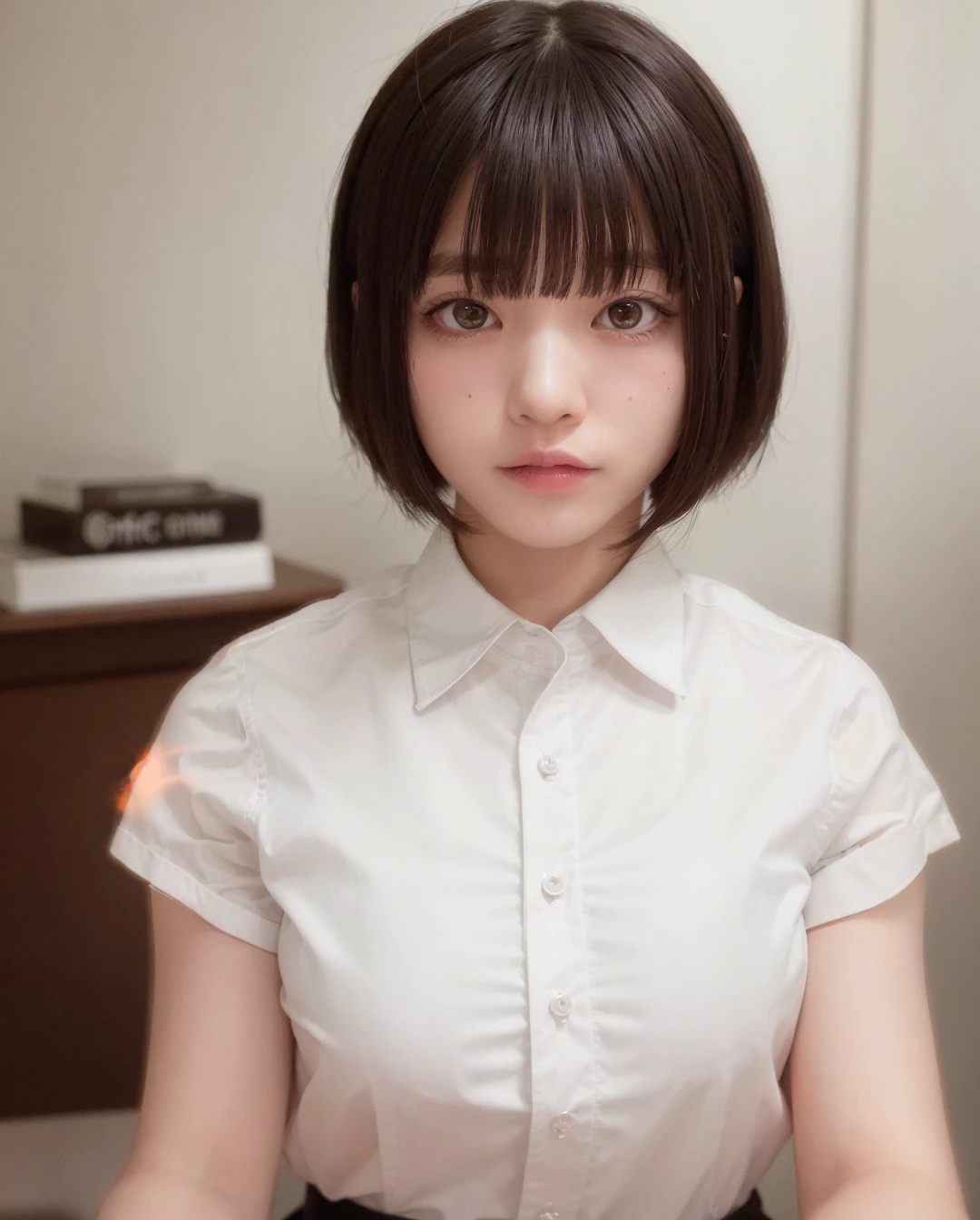 best quality, photorealistic, 8k, high res, 1girl, woman, (skindentation), (professional lighting), (portrait:0.6), gorgeous, ((black hair)), (short hair:2), (white office shirt:2), (1girl eyes looking at viewer:1), ((looking at viewer:1.6)), (looking at the camera), photorealistic, (bokeh), (portait:0.6), (dynamic pose:1.2), masterpiece, intricate, realistic, sharp focus, award-winning photograph, sfw, smile:1.6,  <lora:nagi:0.71>