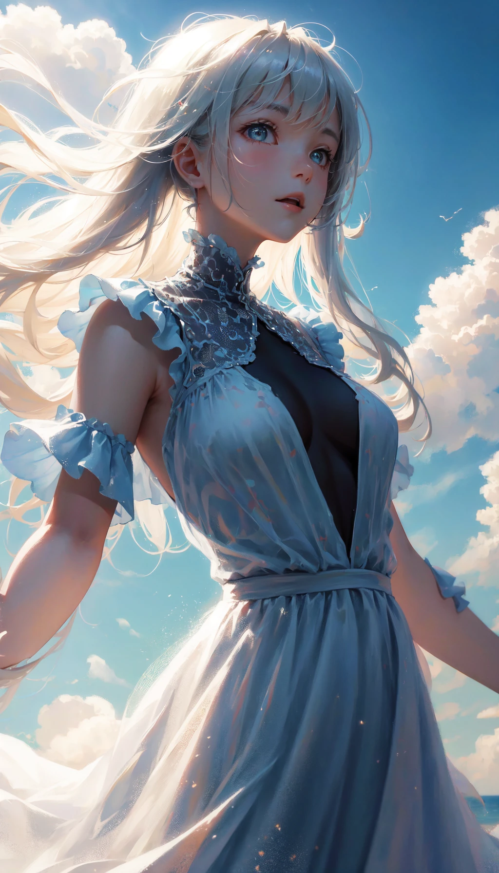 masterpiece, best quality, movie still, cloud girl, floating in the sky, (close-up:1.1), bright, happy, fun, soft lighting